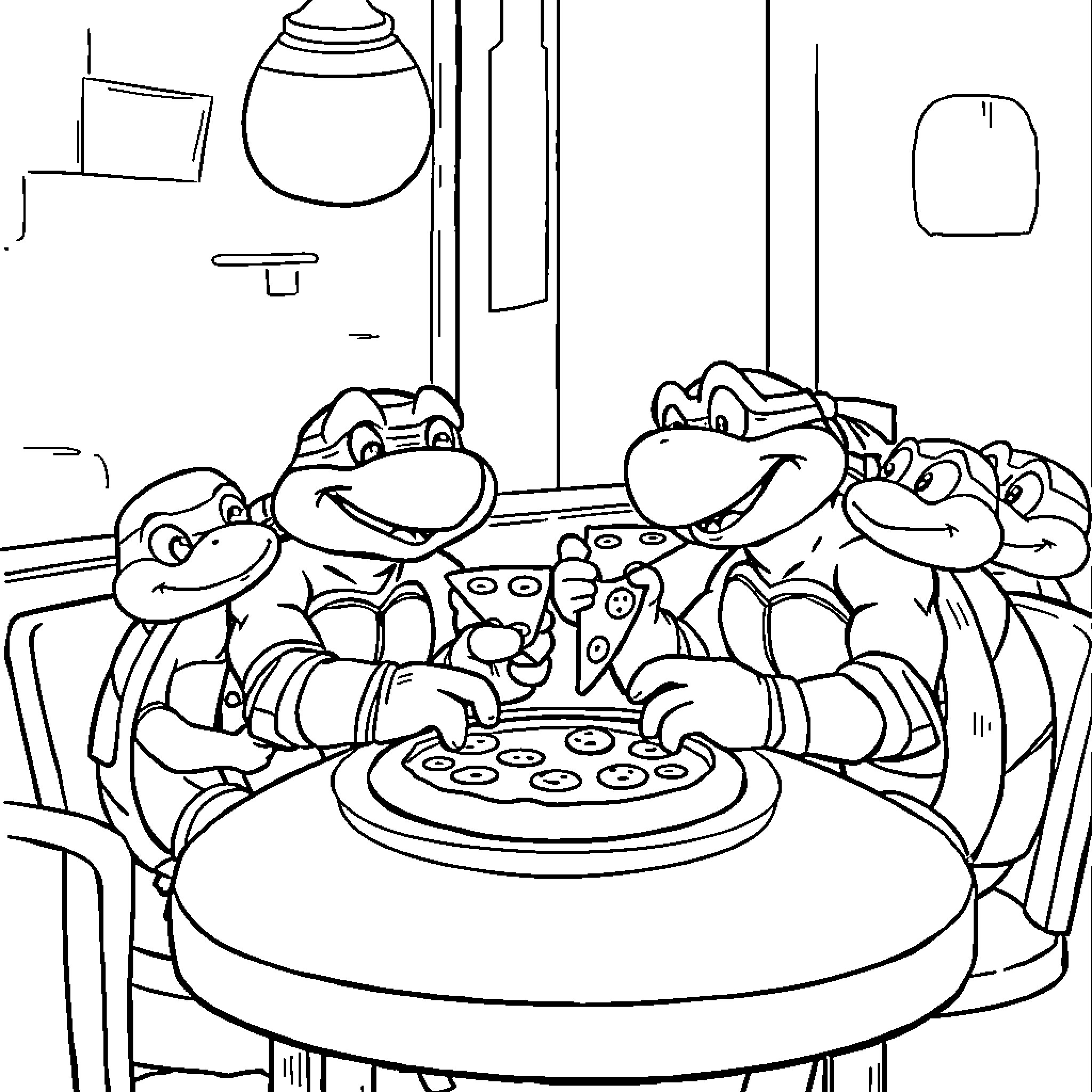 Toejam and Earl enjoying pizza party together Coloring Page (free black-and-white line drawing printable PDF for all, from beginners to advanced learners, including children, teens, adults, and seniors)