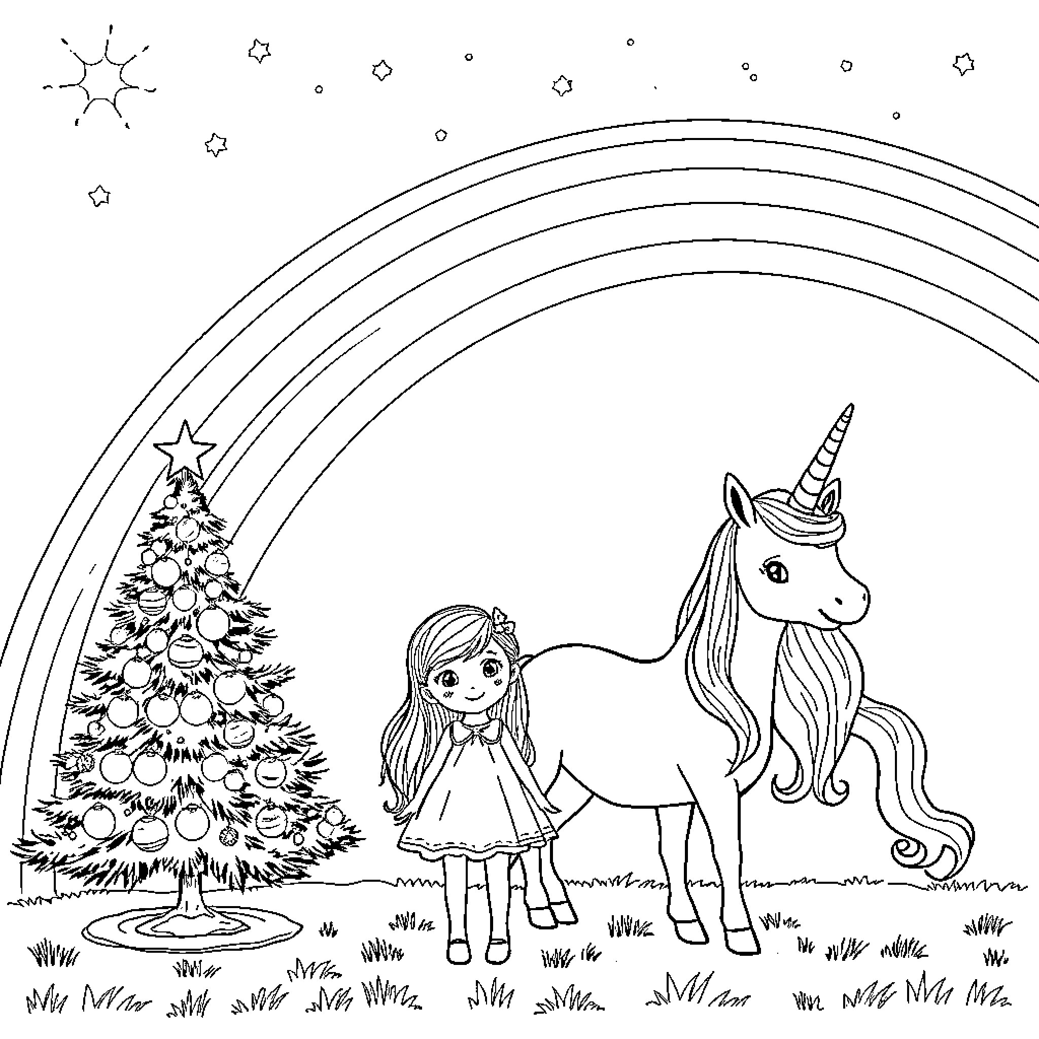 Unicorn and Girl Celebrating Christmas Coloring Page (free black-and-white line drawing printable PDF for all, from beginners to advanced learners, including children, teens, adults, and seniors)