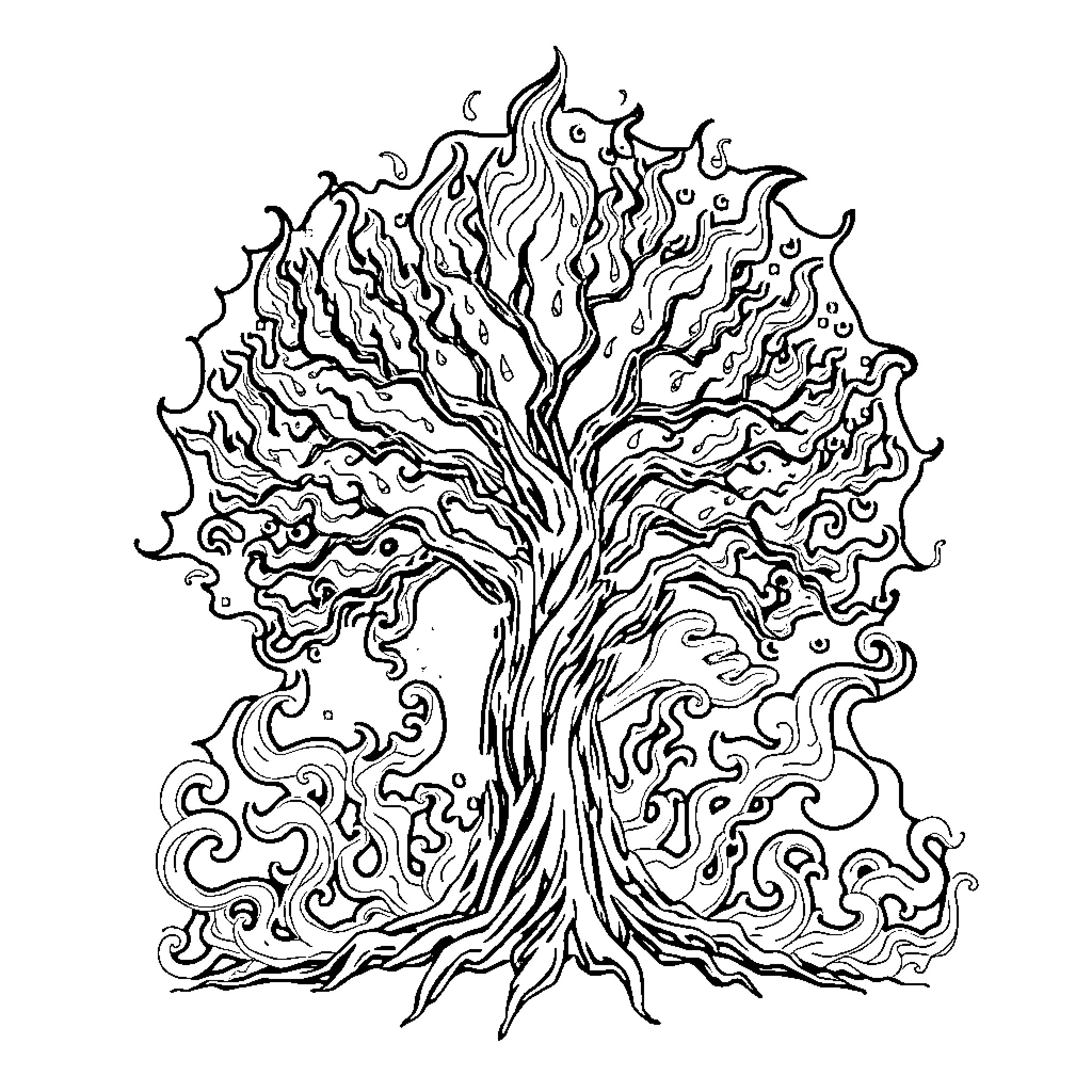 Tree of Whimsical Shapes and Patterns Coloring Page (free black-and-white line drawing printable PDF for all, from beginners to advanced learners, including children, teens, adults, and seniors)