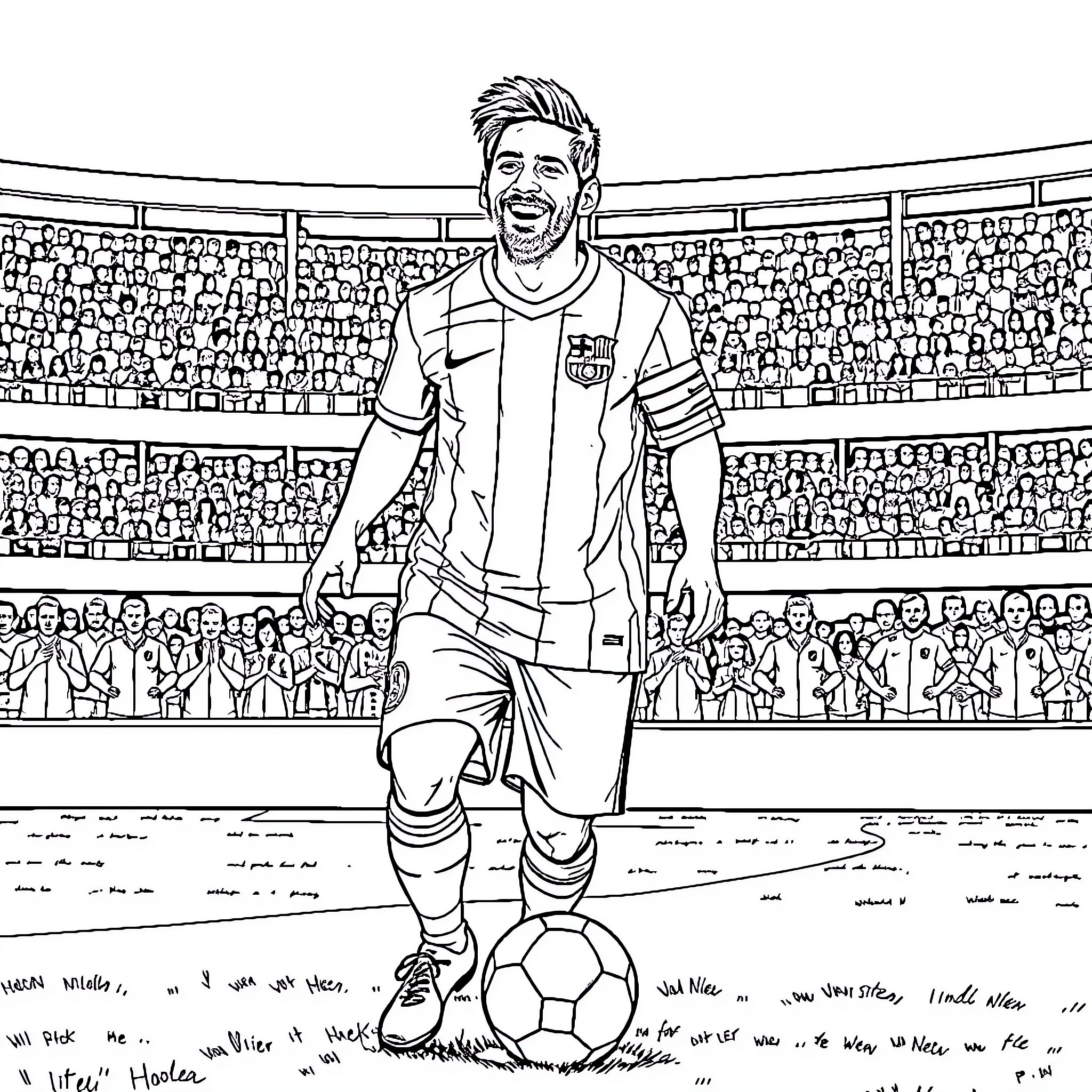 Lionel Messi Celebrating Victory on the Football Pitch Coloring Page (free black-and-white line drawing printable PDF for all, from beginners to advanced learners, including children, teens, adults, and seniors)