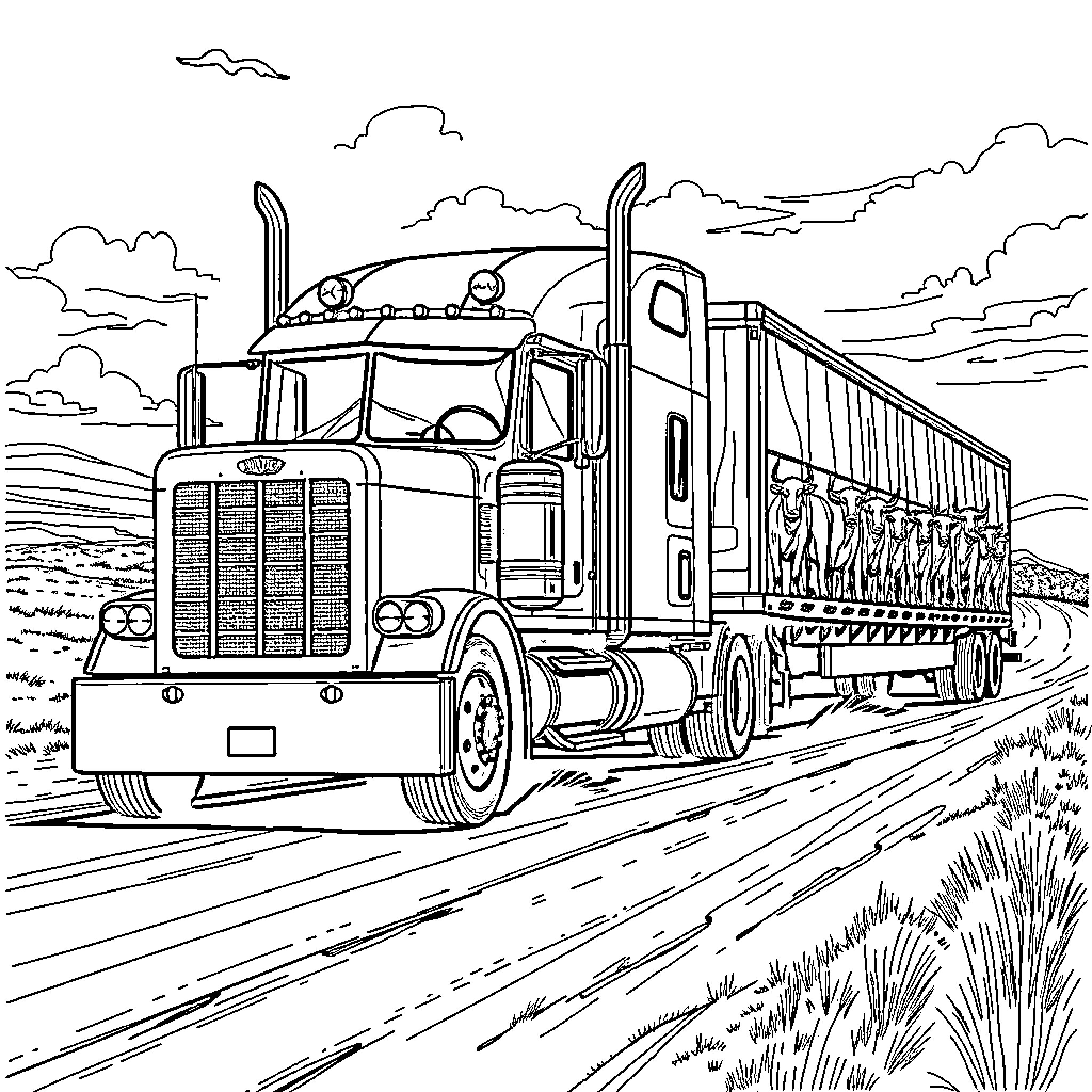 Peterbilt truck hauling freight on a rural highway Coloring Page (free black-and-white line drawing printable PDF for all, from beginners to advanced learners, including children, teens, adults, and seniors)