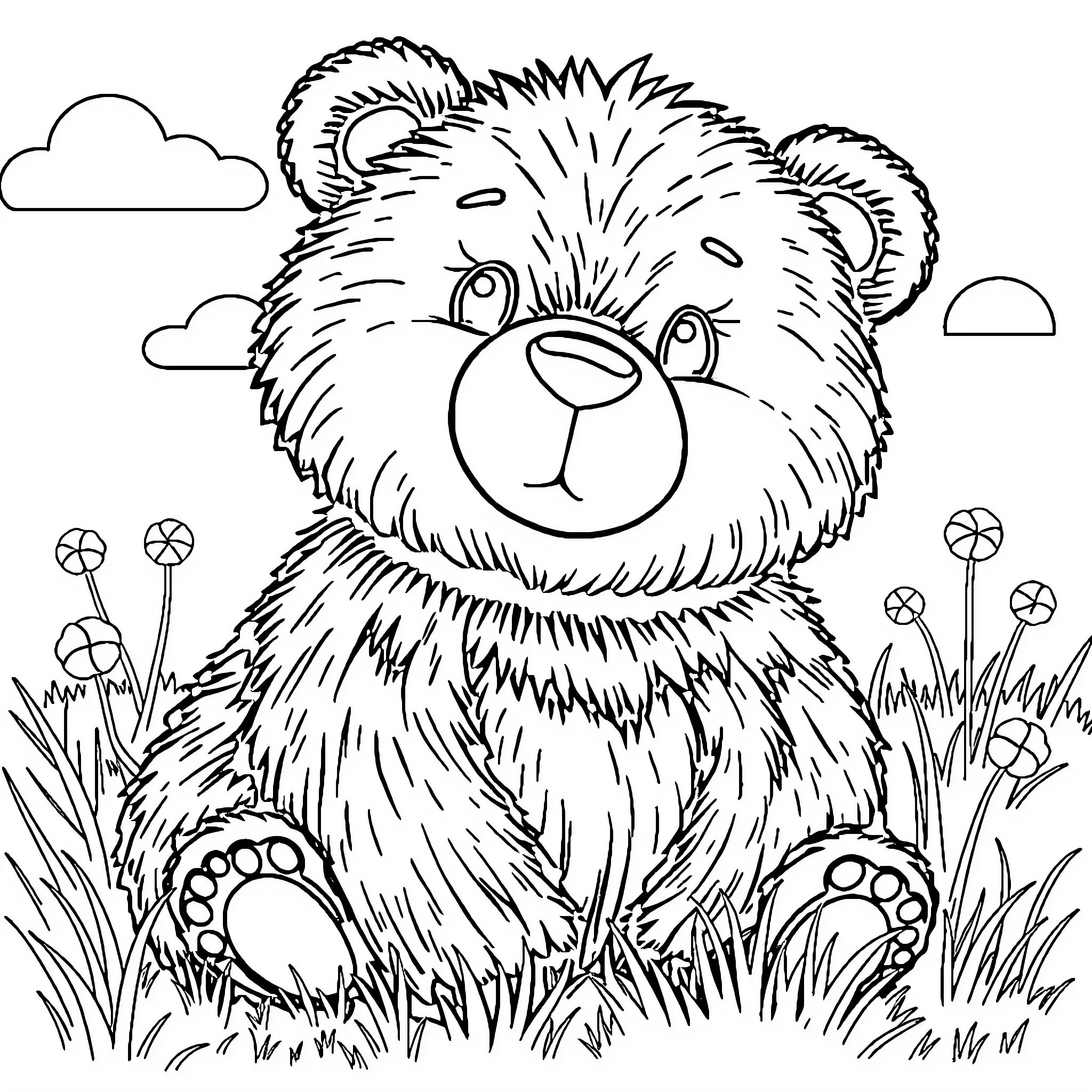 Bear sitting in the grass and flowers Coloring Page (free black-and-white line drawing printable PDF for all, from beginners to advanced learners, including children, teens, adults, and seniors)