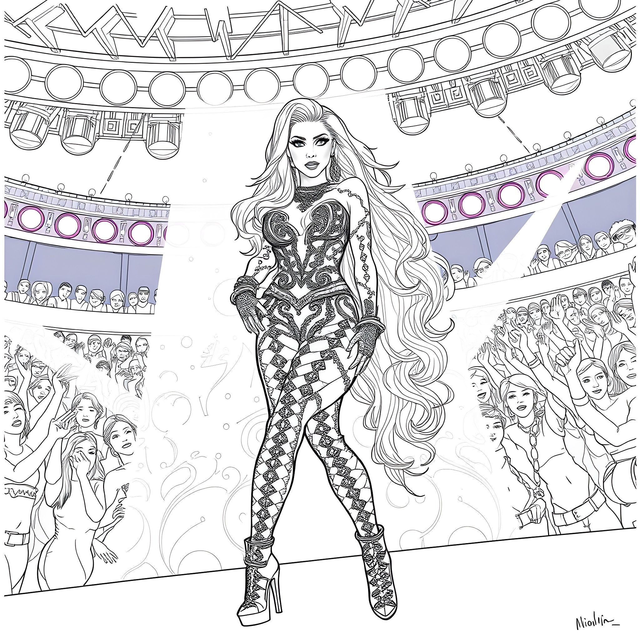 Nicki Minaj performing on stage in a stylish outfit Coloring Page (free black-and-white line drawing printable PDF for all, from beginners to advanced learners, including children, teens, adults, and seniors)