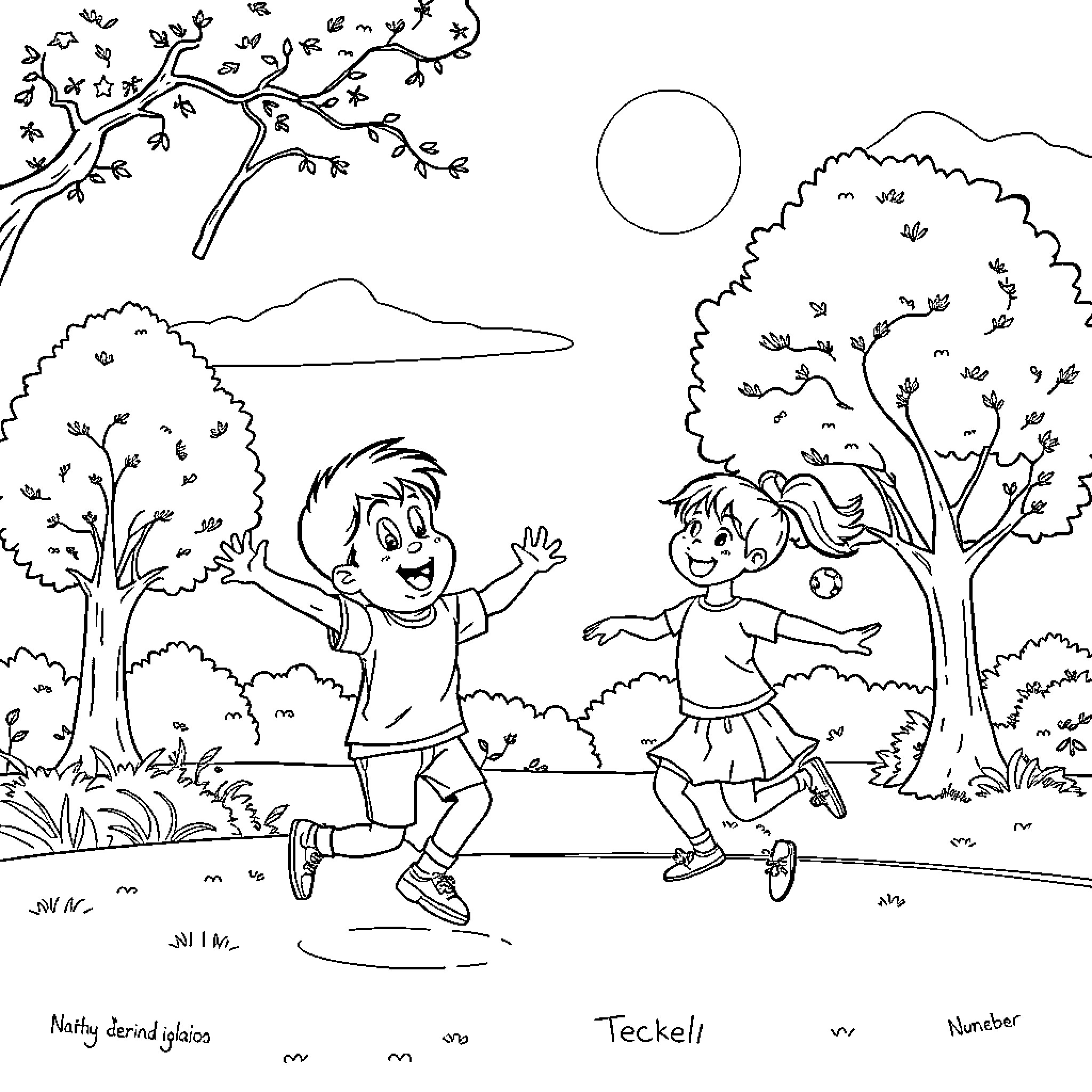 Dachshund friends playing joyfully outdoors Coloring Page (free black-and-white line drawing printable PDF for all, from beginners to advanced learners, including children, teens, adults, and seniors)