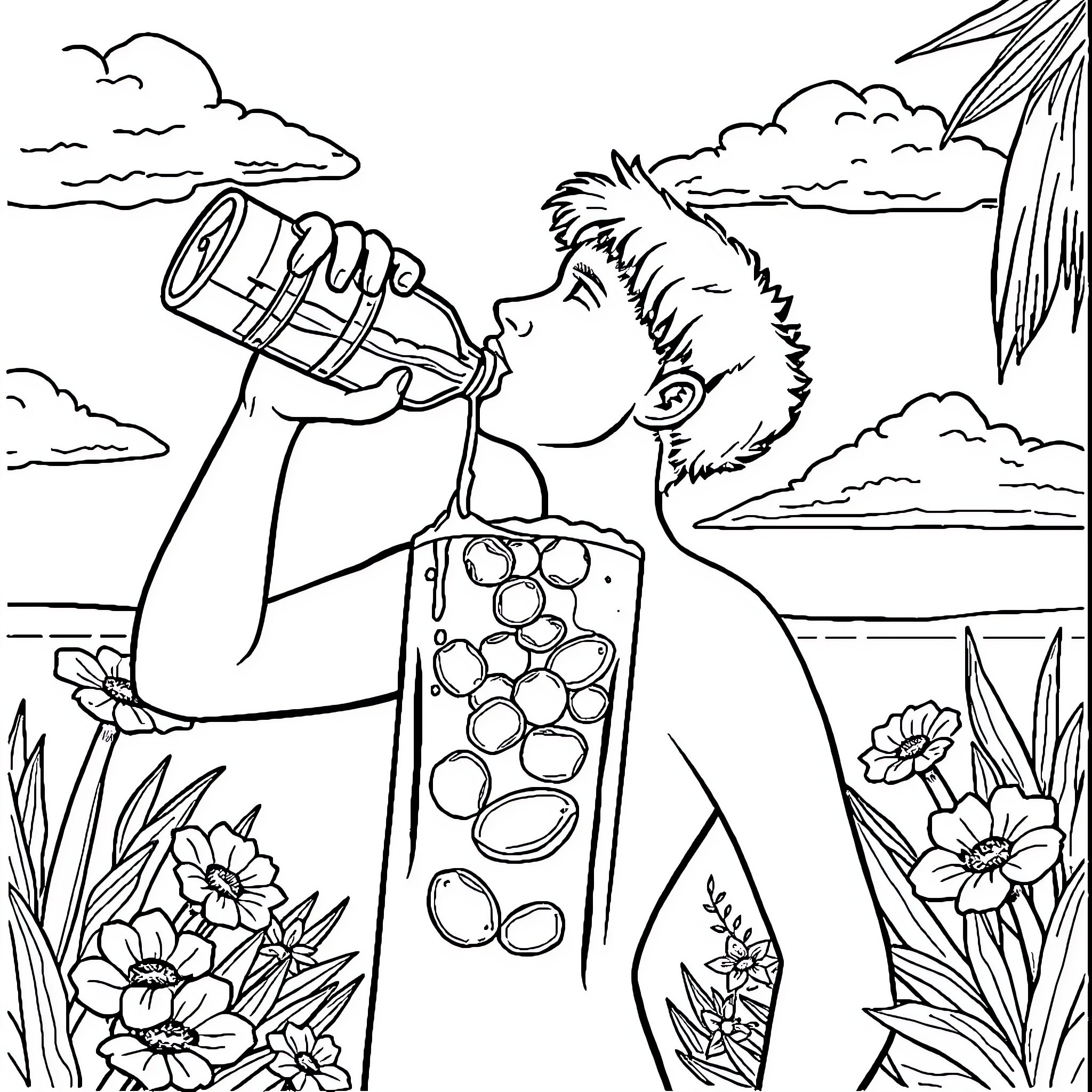 Water Refreshment on a Summer Day Coloring Page (free black-and-white line drawing printable PDF for all, from beginners to advanced learners, including children, teens, adults, and seniors)