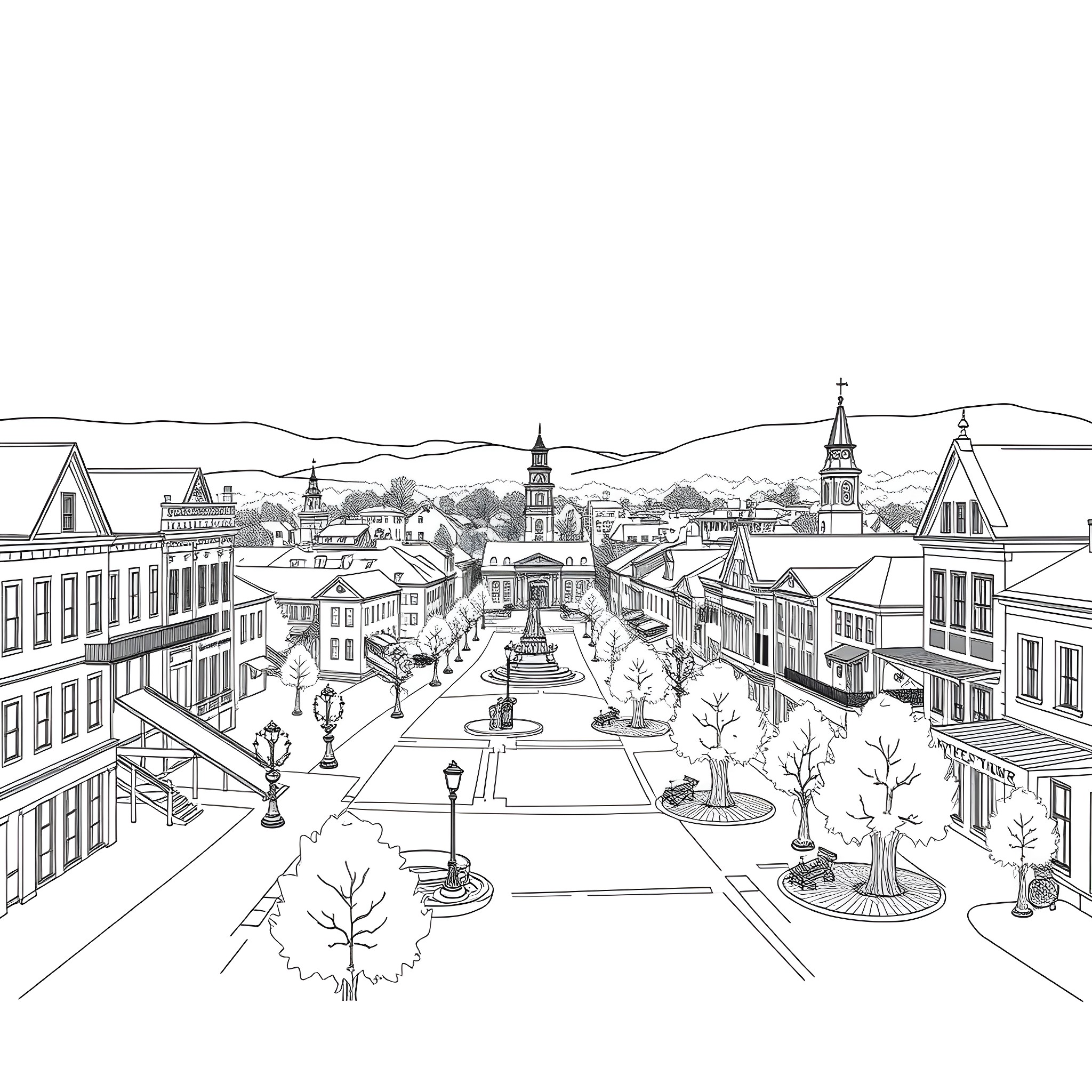 Hagerstown's Charming Town Square and Cityscape Coloring Page (free black-and-white line drawing printable PDF for all, from beginners to advanced learners, including children, teens, adults, and seniors)
