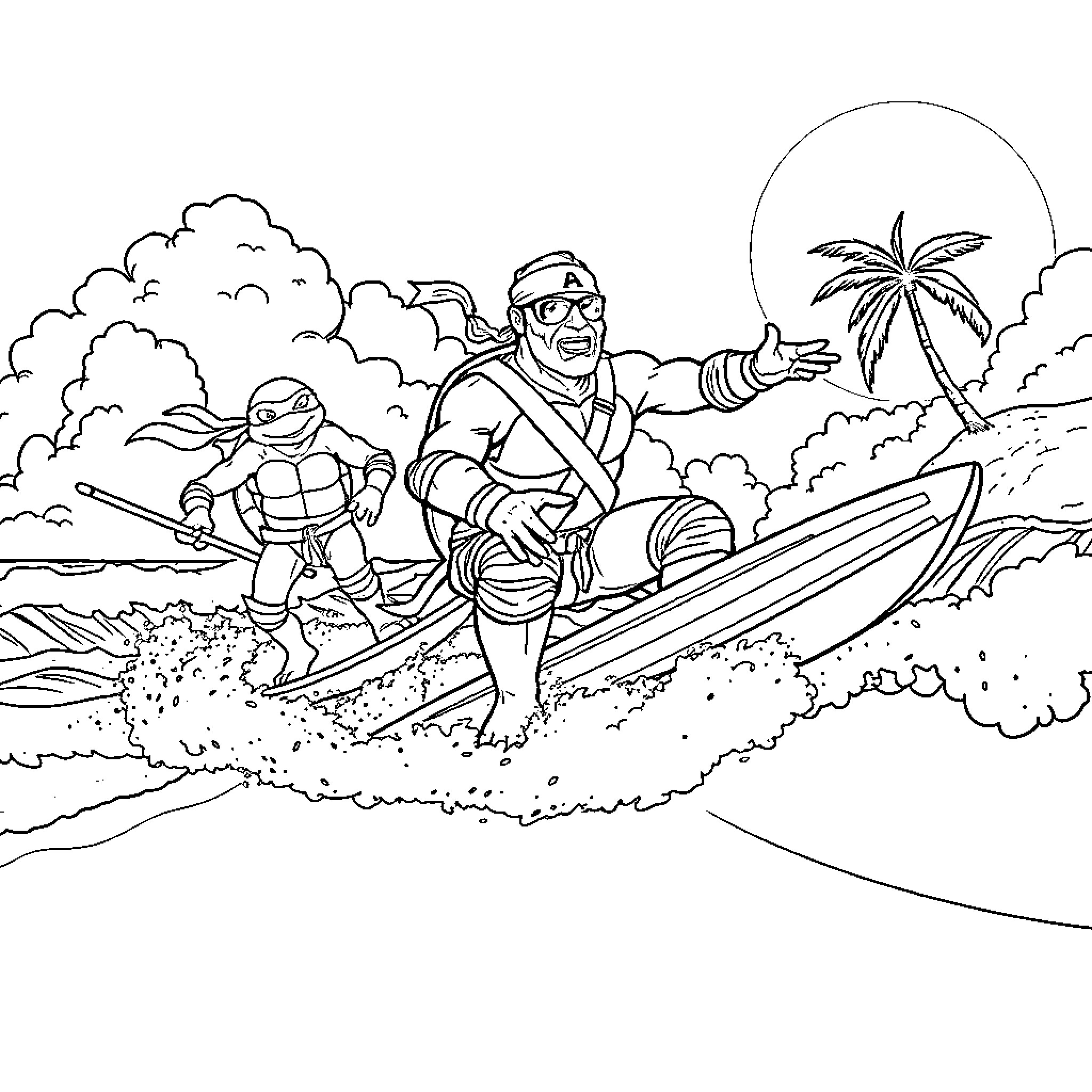 Ninja Turtles riding jet ski on tropical beach Coloring Page (free black-and-white line drawing printable PDF for all, from beginners to advanced learners, including children, teens, adults, and seniors)