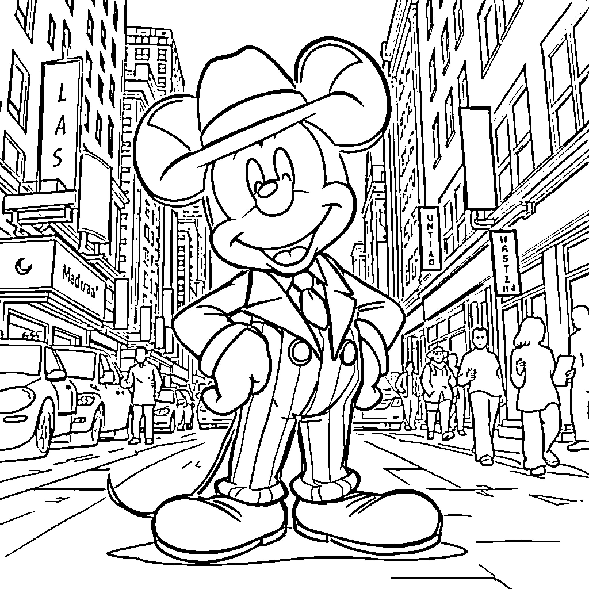 Mickey Mouse exploring the city streets Coloring Page (free black-and-white line drawing printable PDF for all, from beginners to advanced learners, including children, teens, adults, and seniors)