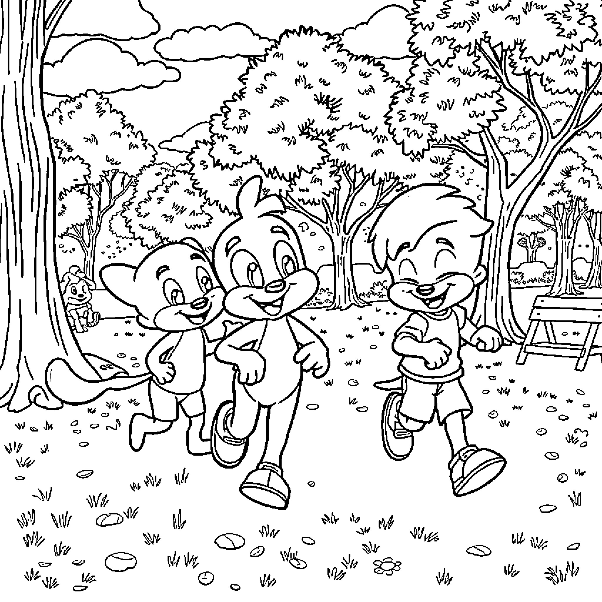 Bluey and friends playing joyfully in the forest Coloring Page (free black-and-white line drawing printable PDF for all, from beginners to advanced learners, including children, teens, adults, and seniors)