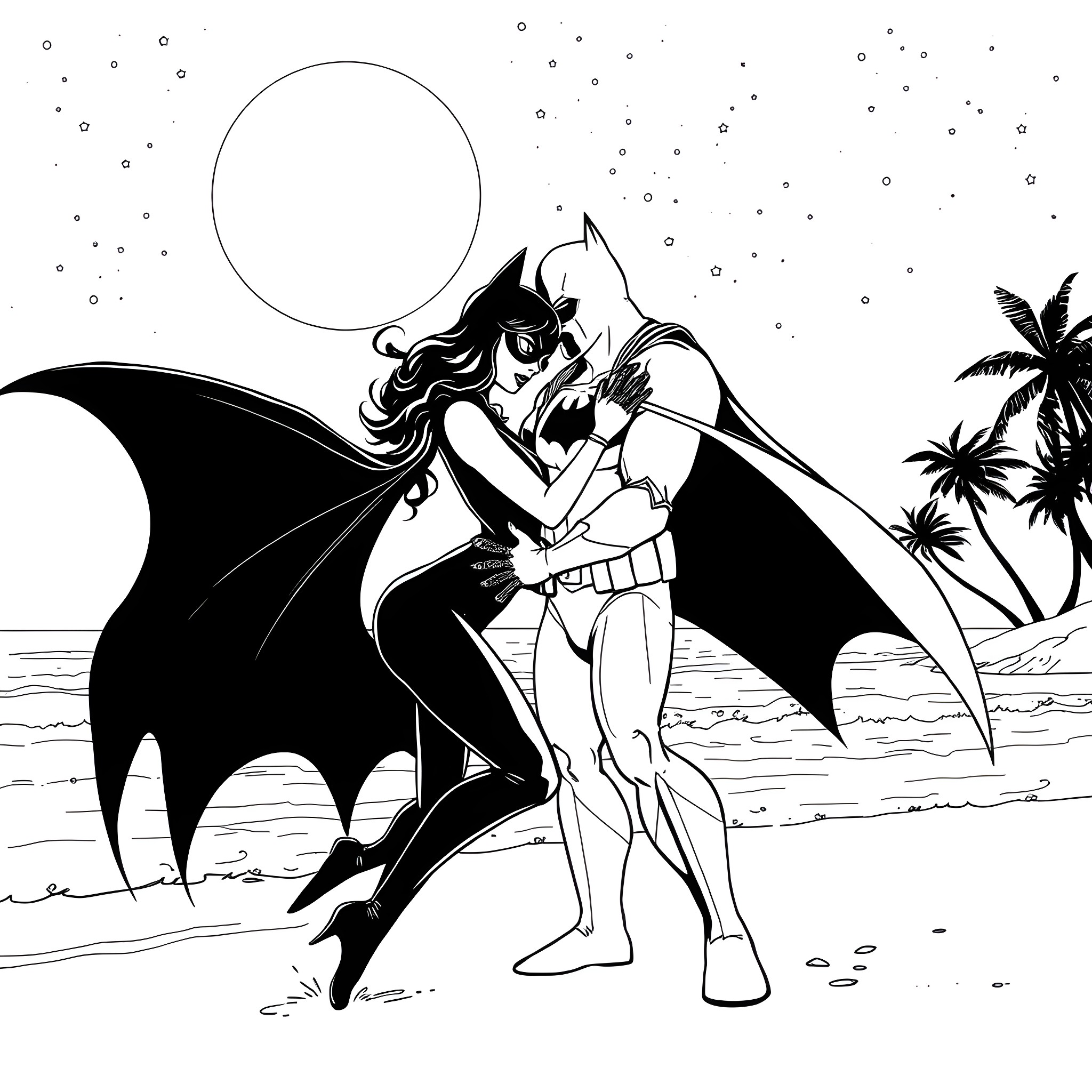 Cat Woman embracing Batman under the moonlight Coloring Page (free black-and-white line drawing printable PDF for all, from beginners to advanced learners, including children, teens, adults, and seniors)