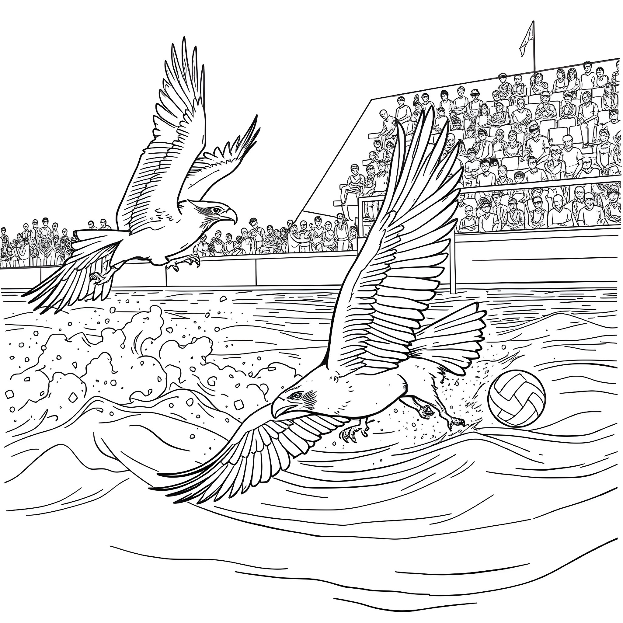 Birds competing in a sports event Coloring Page (free black-and-white line drawing printable PDF for all, from beginners to advanced learners, including children, teens, adults, and seniors)