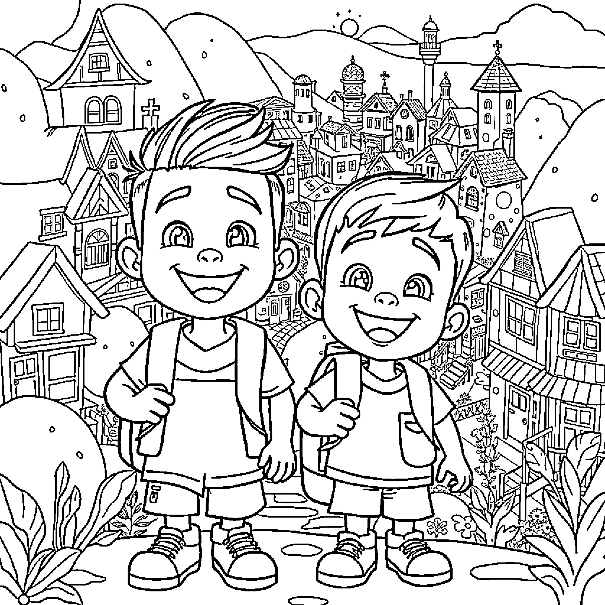 Upin Ipin's Joyful Adventure in the Whimsical Town Coloring Page (free black-and-white line drawing printable PDF for all, from beginners to advanced learners, including children, teens, adults, and seniors)