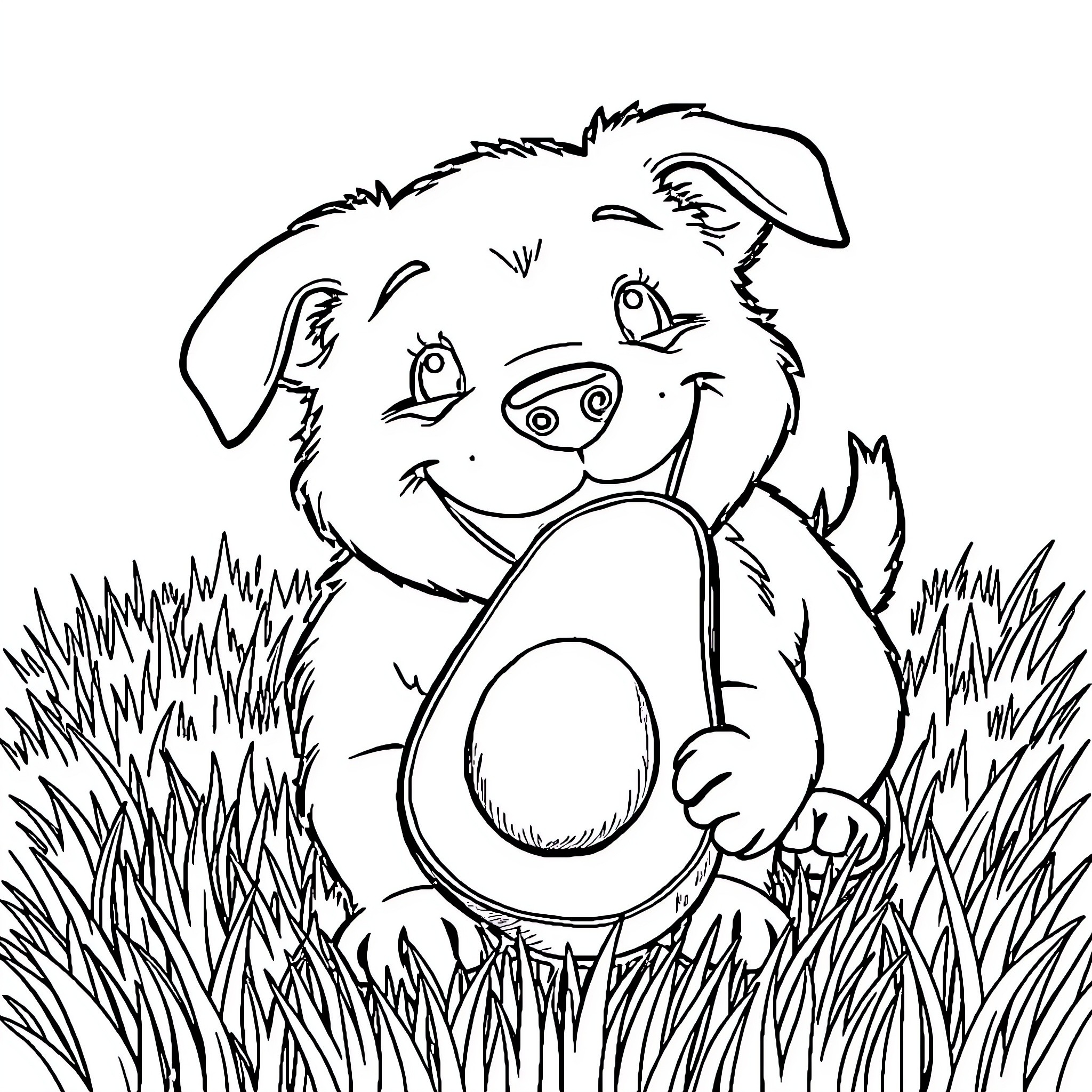 Dog playing with toy in the grass Coloring Page (free black-and-white line drawing printable PDF for all, from beginners to advanced learners, including children, teens, adults, and seniors)