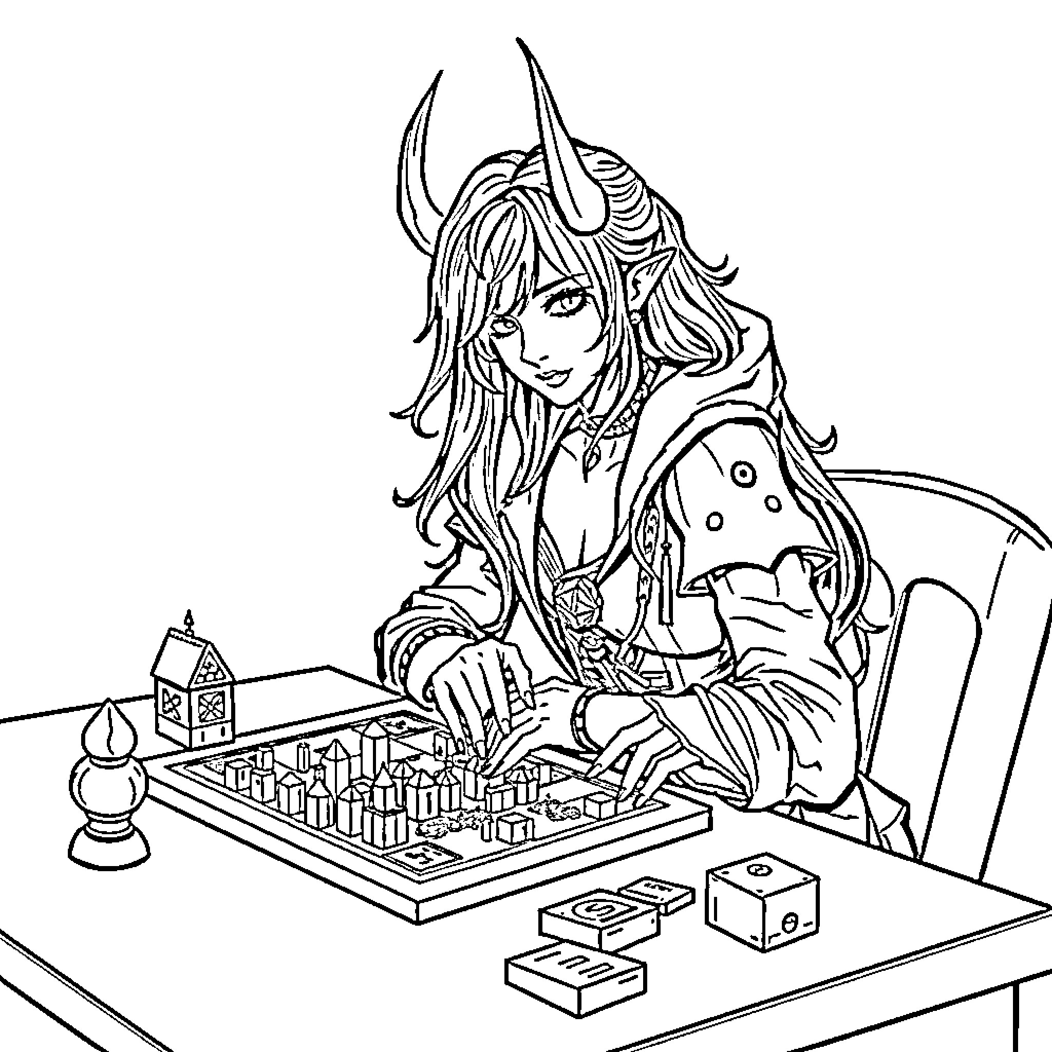 Huntrix Engrossed in Strategic Gaming Coloring Page (free black-and-white line drawing printable PDF for all, from beginners to advanced learners, including children, teens, adults, and seniors)