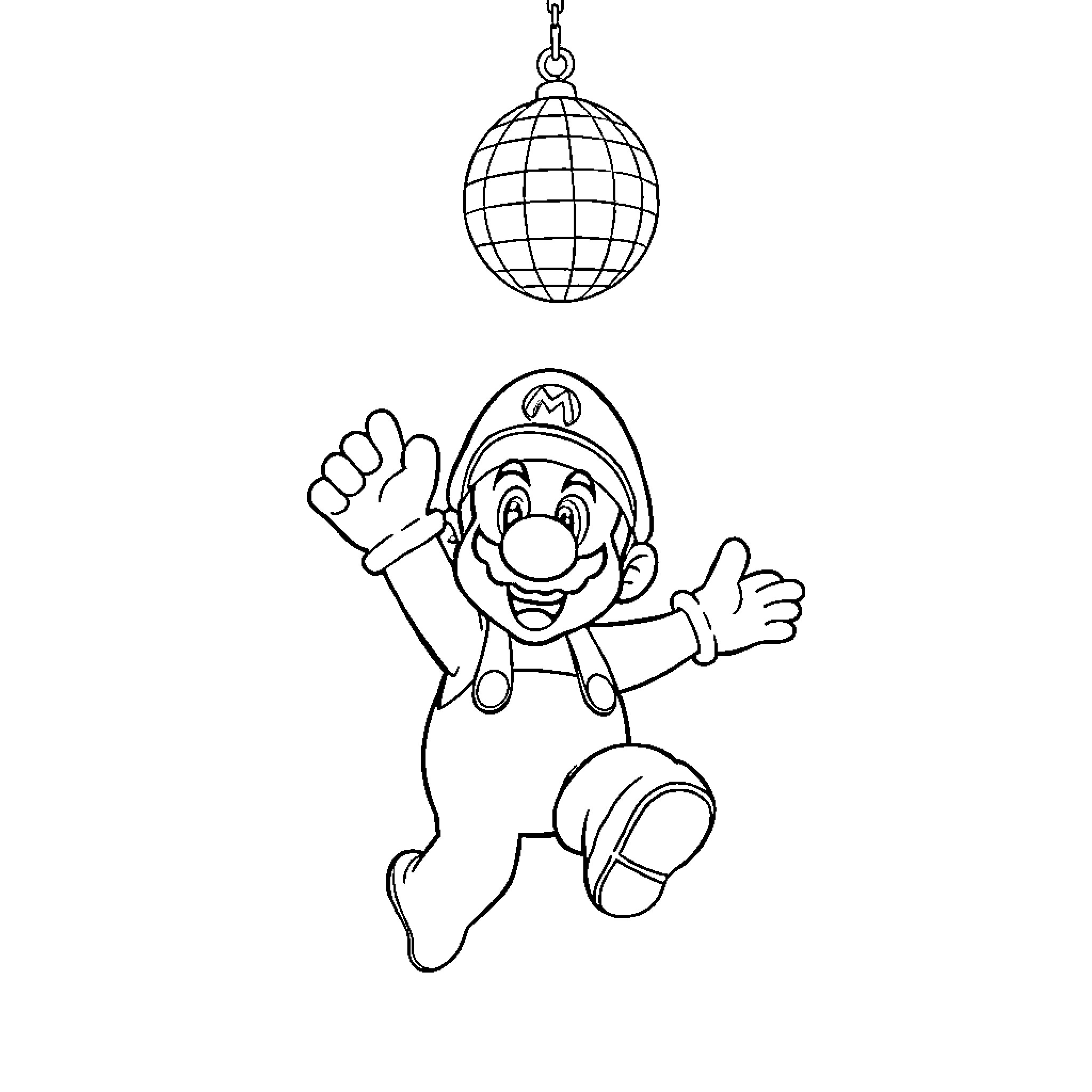 Disco Ball and Cartoon Character Dancing Coloring Page (free black-and-white line drawing printable PDF for all, from beginners to advanced learners, including children, teens, adults, and seniors)