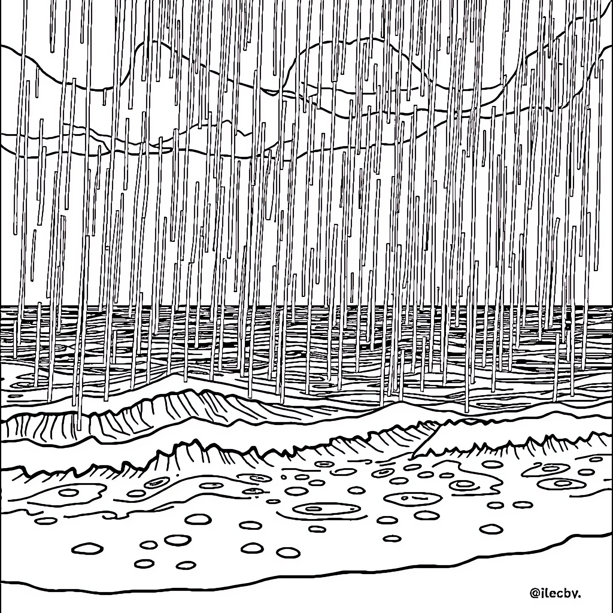 Rain falling on a rugged landscape Coloring Page (free black-and-white line drawing printable PDF for all, from beginners to advanced learners, including children, teens, adults, and seniors)