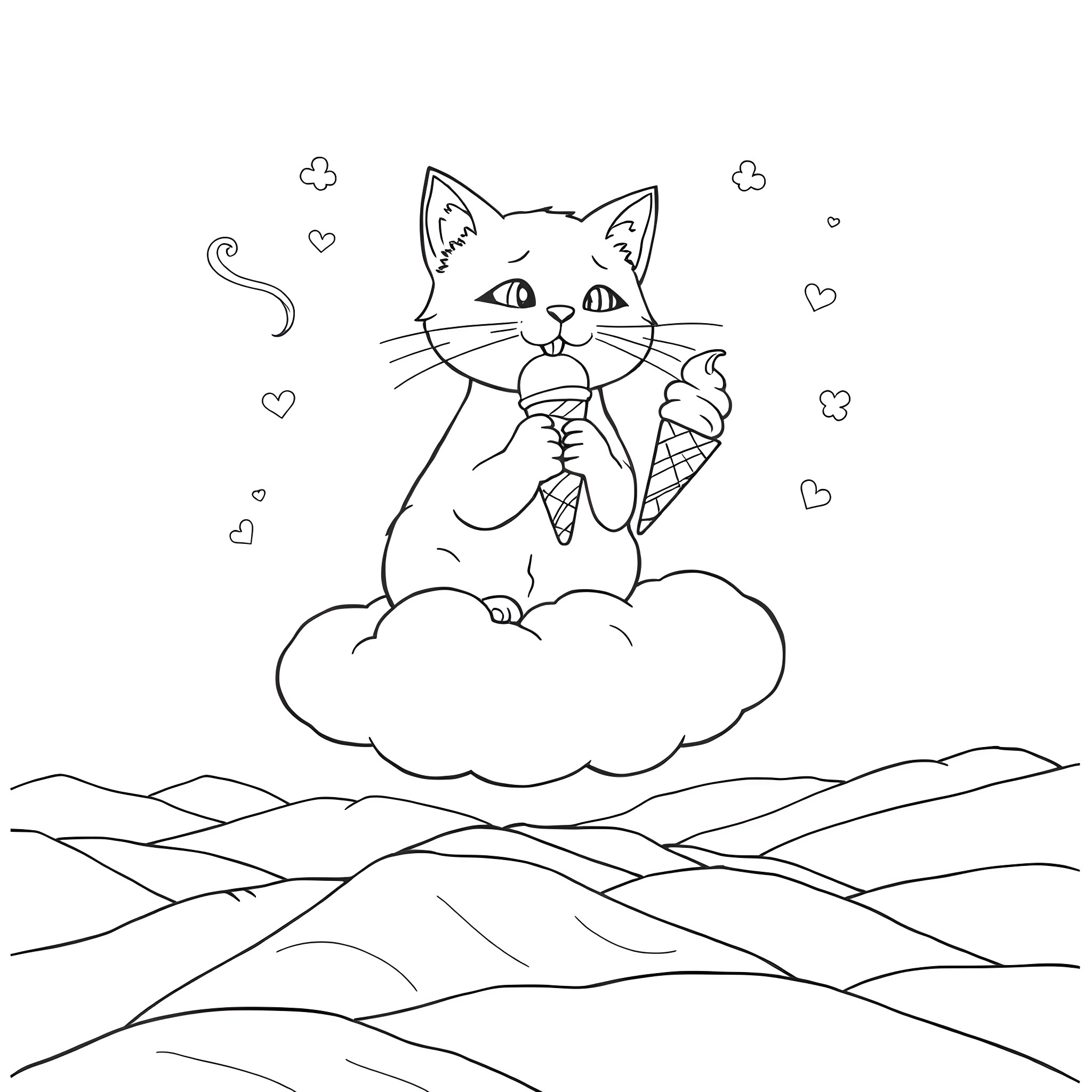 Cat enjoying an ice cream on a cloud Coloring Page (free black-and-white line drawing printable PDF for all, from beginners to advanced learners, including children, teens, adults, and seniors)