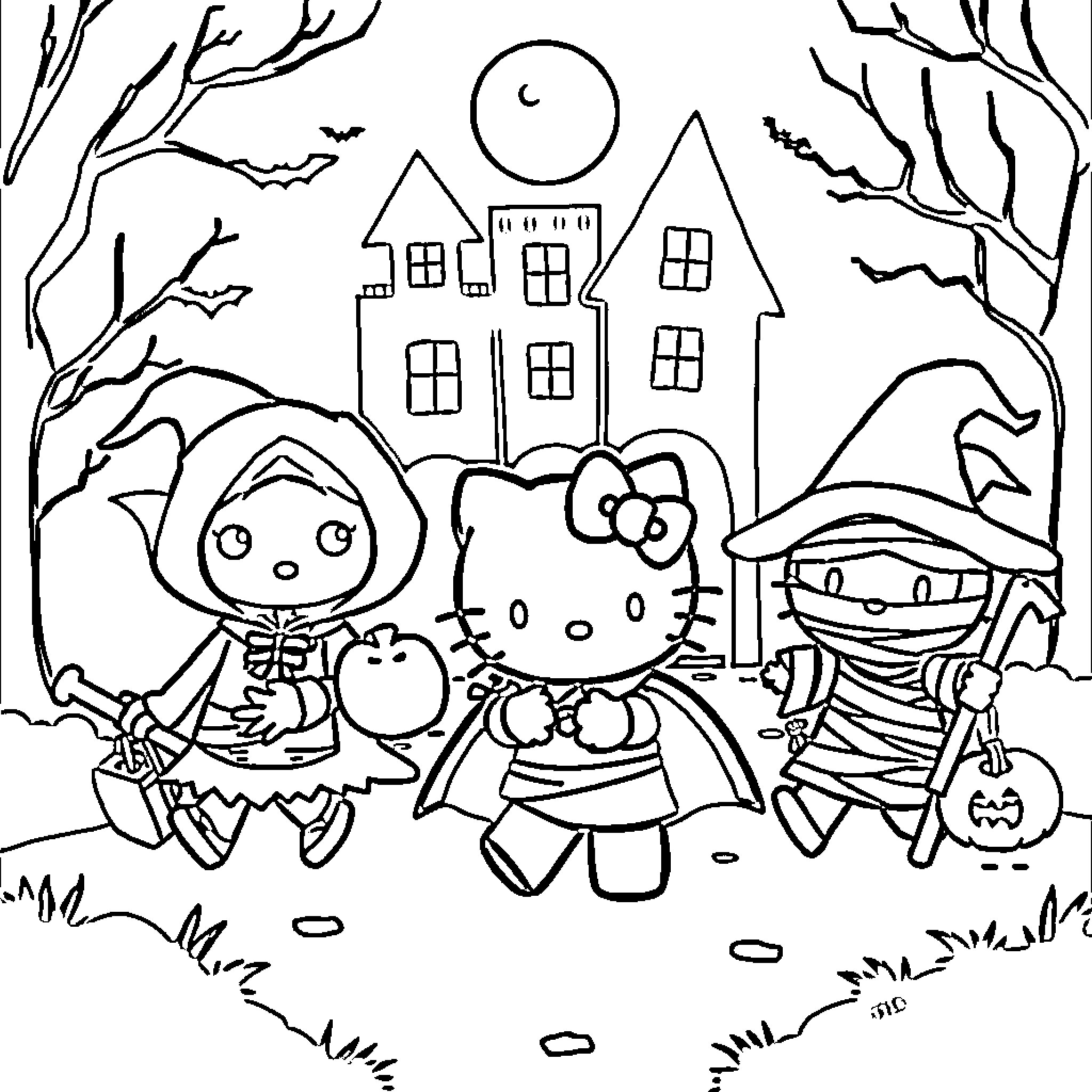 Hello Kitty and friends in a spooky Halloween scene Coloring Page (free black-and-white line drawing printable PDF for all, from beginners to advanced learners, including children, teens, adults, and seniors)