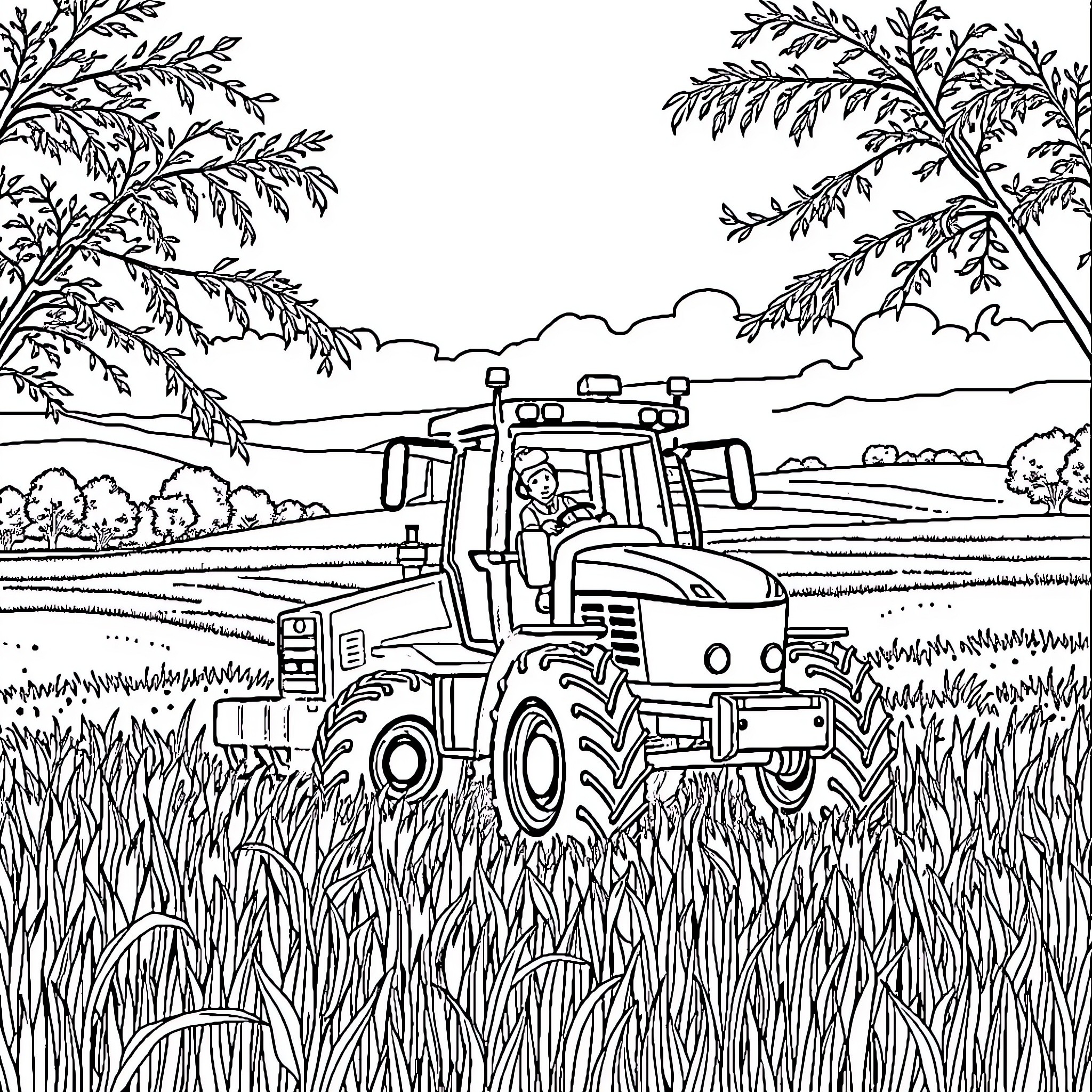 Tractor working in the rural farmland Coloring Page (free black-and-white line drawing printable PDF for all, from beginners to advanced learners, including children, teens, adults, and seniors)