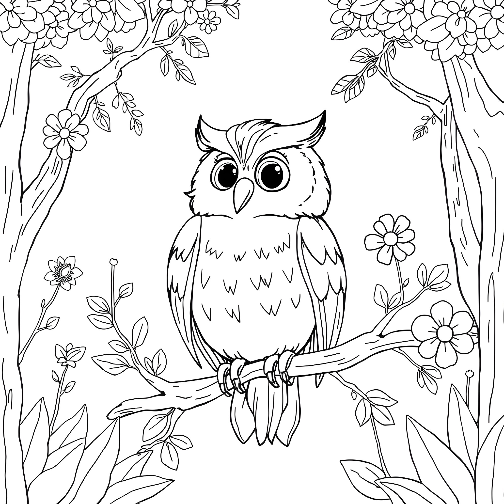Owl perched on a tree branch with flowers Coloring Page (free black-and-white line drawing printable PDF for all, from beginners to advanced learners, including children, teens, adults, and seniors)