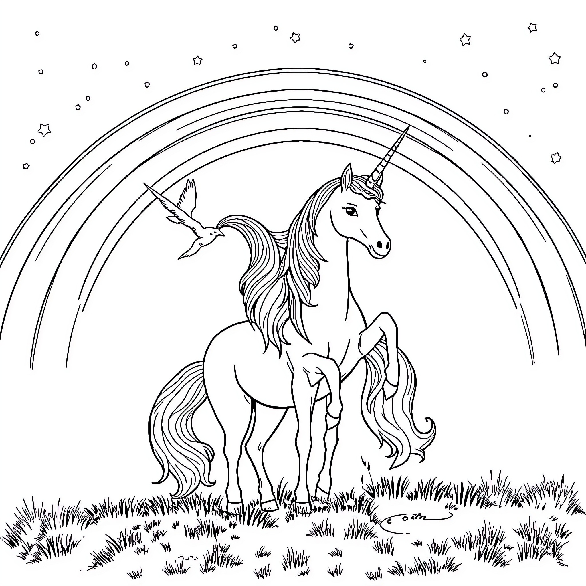 Unicorn standing majestically in a starry meadow Coloring Page (free black-and-white line drawing printable PDF for all, from beginners to advanced learners, including children, teens, adults, and seniors)