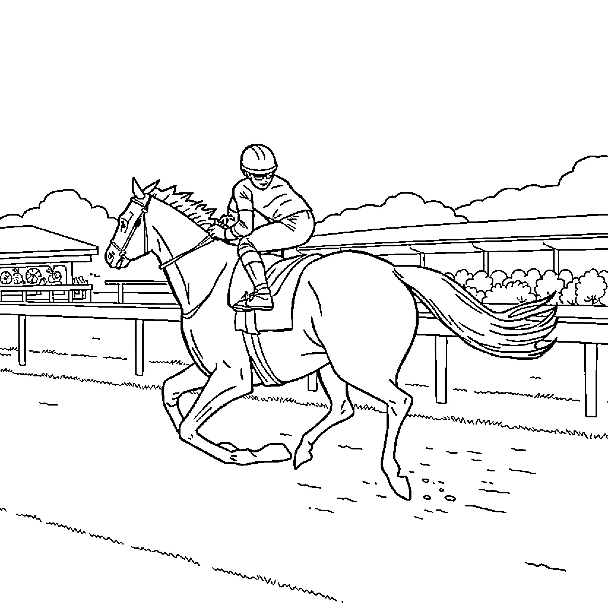 Jockey riding a horse on a racetrack Coloring Page (free black-and-white line drawing printable PDF for all, from beginners to advanced learners, including children, teens, adults, and seniors)