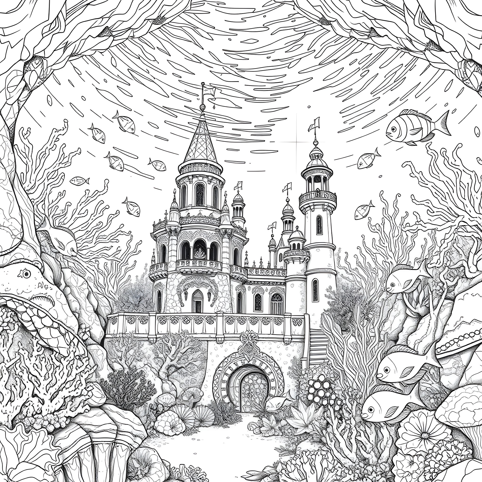 Mermaid Palace in the Underwater Wonderland Coloring Page (free black-and-white line drawing printable PDF for all, from beginners to advanced learners, including children, teens, adults, and seniors)