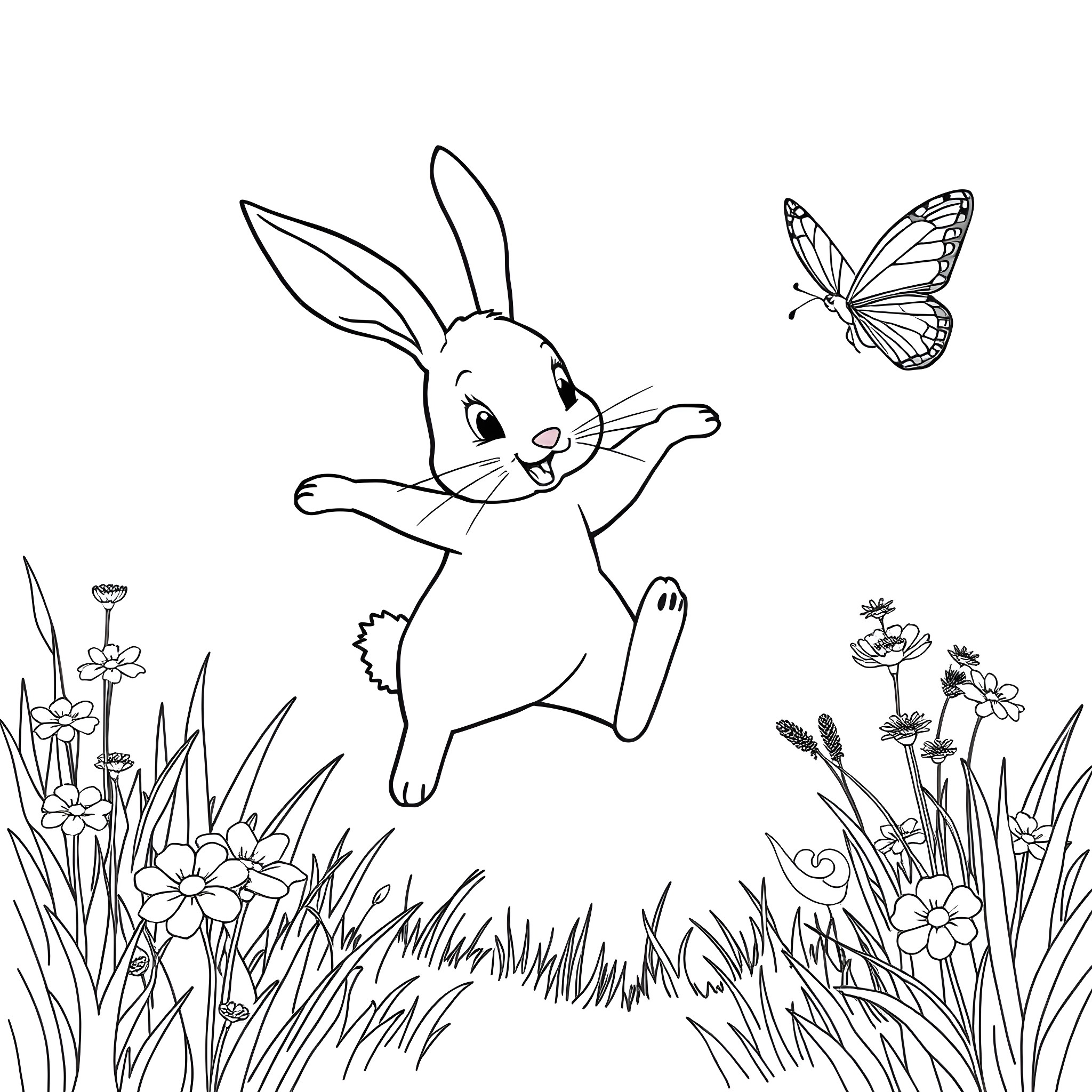 Bunny chasing butterfly in garden Coloring Page (free black-and-white line drawing printable PDF for all, from beginners to advanced learners, including children, teens, adults, and seniors)