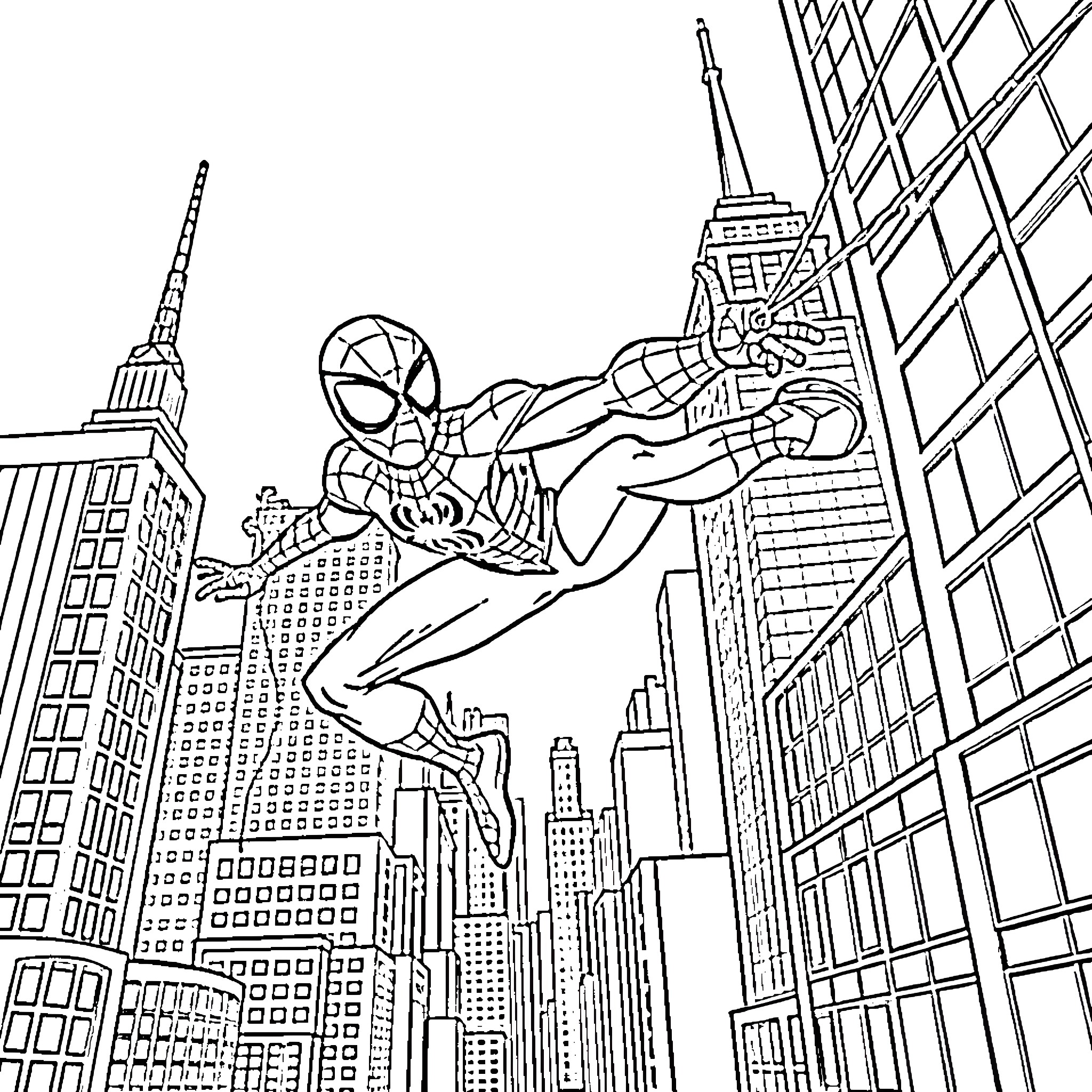 Spider-hero swinging through the city Coloring Page (free black-and-white line drawing printable PDF for all, from beginners to advanced learners, including children, teens, adults, and seniors)