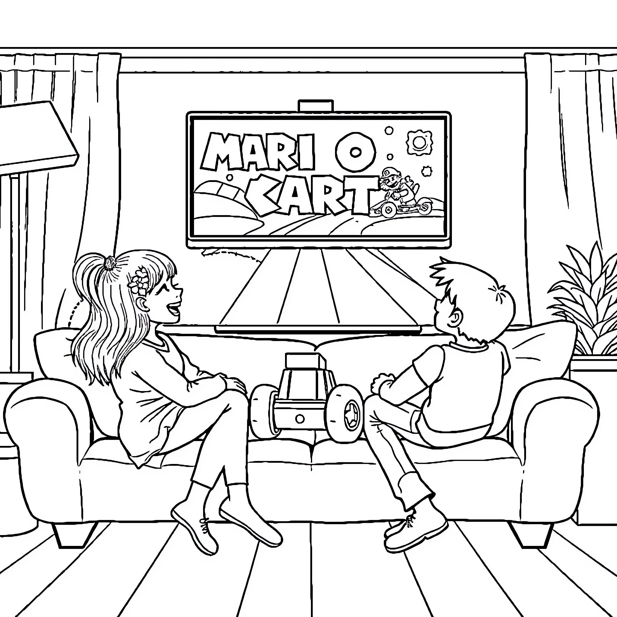 Girl and Boy Playing Video Game Together Coloring Page (free black-and-white line drawing printable PDF for all, from beginners to advanced learners, including children, teens, adults, and seniors)