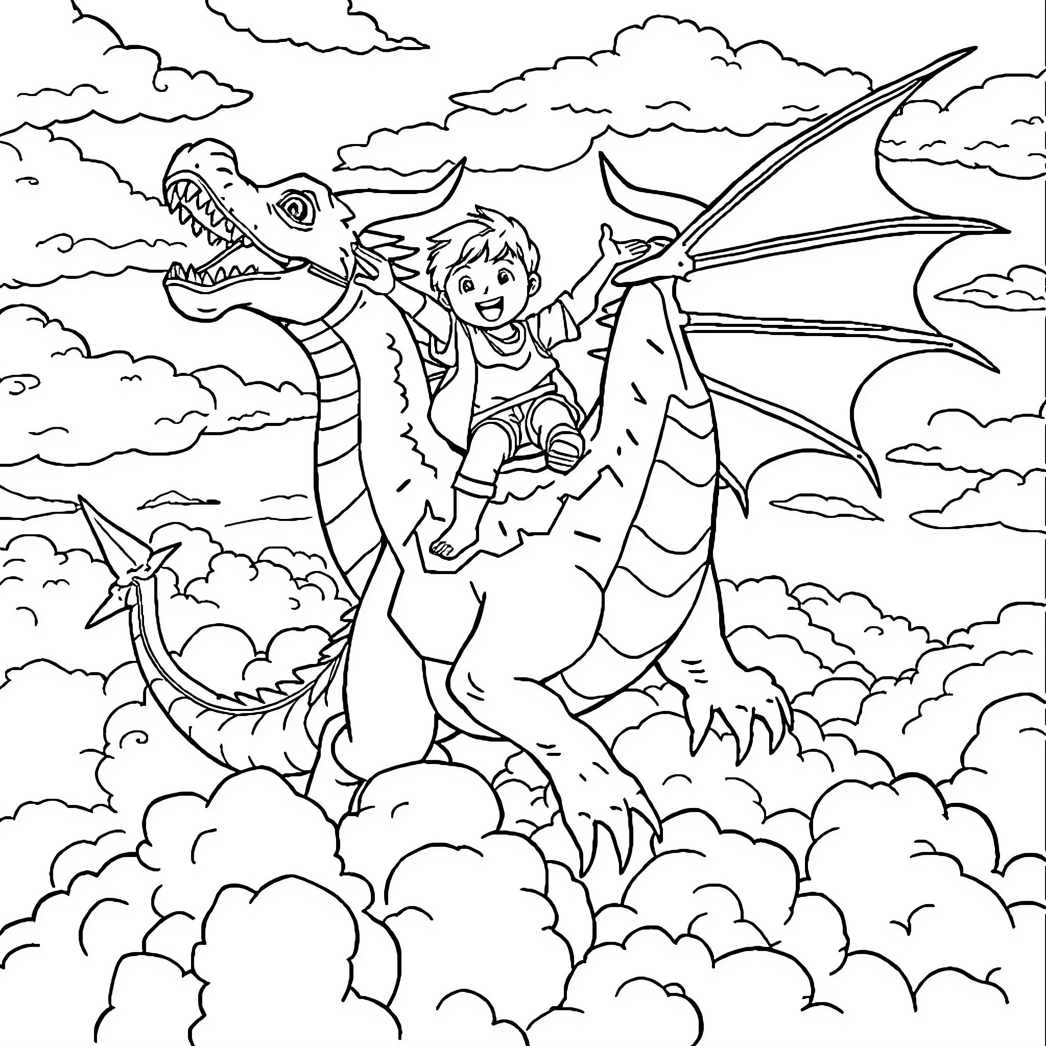Boy riding a dragon above the clouds Coloring Page (free black-and-white line drawing printable PDF for all, from beginners to advanced learners, including children, teens, adults, and seniors)