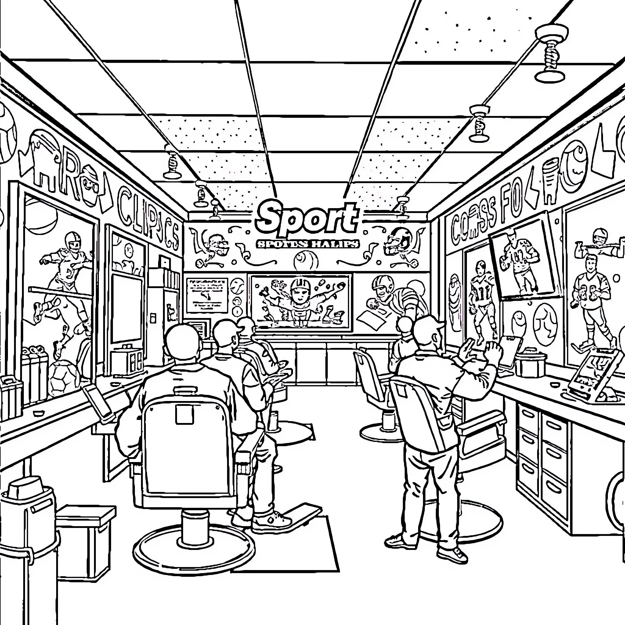 Haircut at the sports equipment store Coloring Page (free black-and-white line drawing printable PDF for all, from beginners to advanced learners, including children, teens, adults, and seniors)