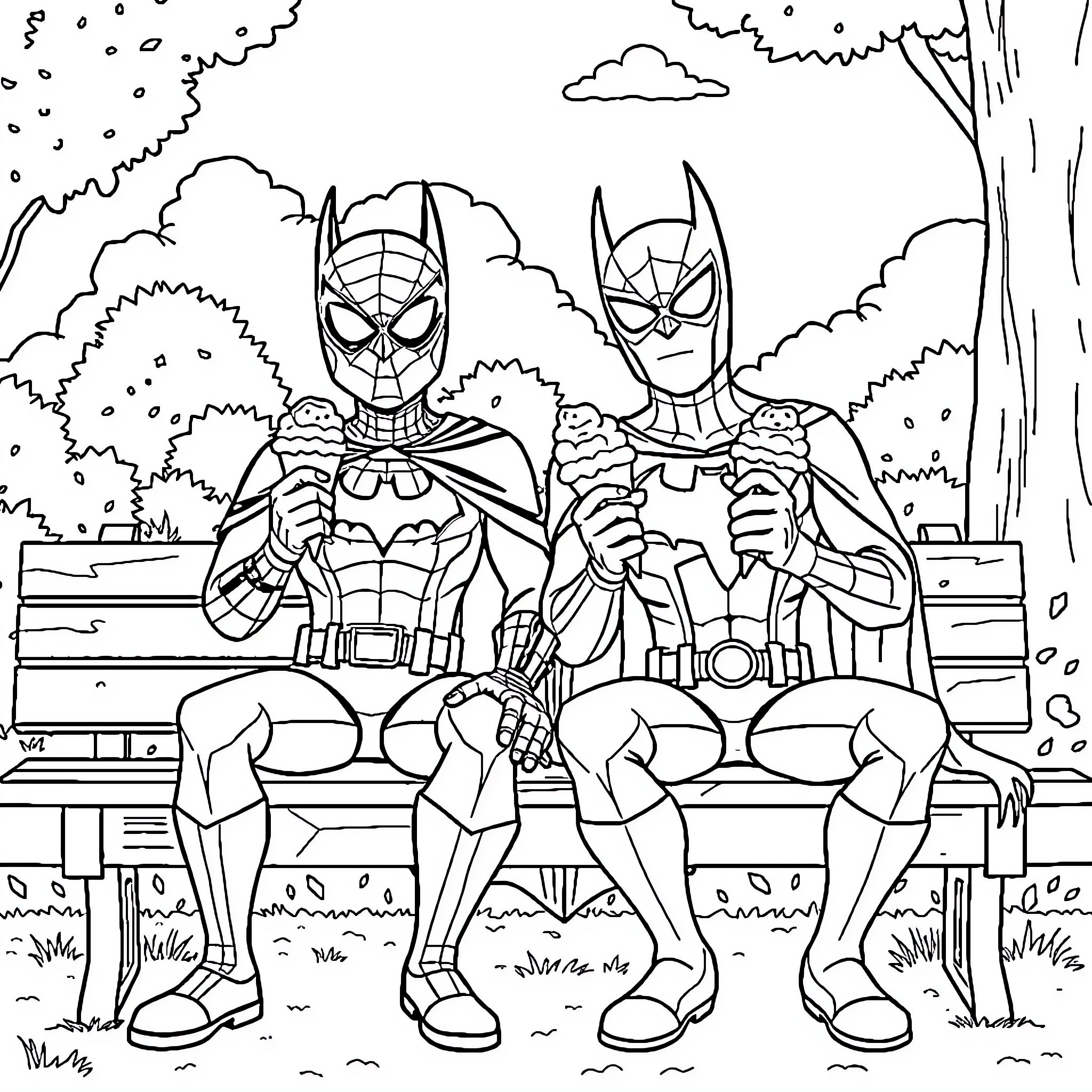 Batman heroes in action poses outdoors Coloring Page (free black-and-white line drawing printable PDF for all, from beginners to advanced learners, including children, teens, adults, and seniors)