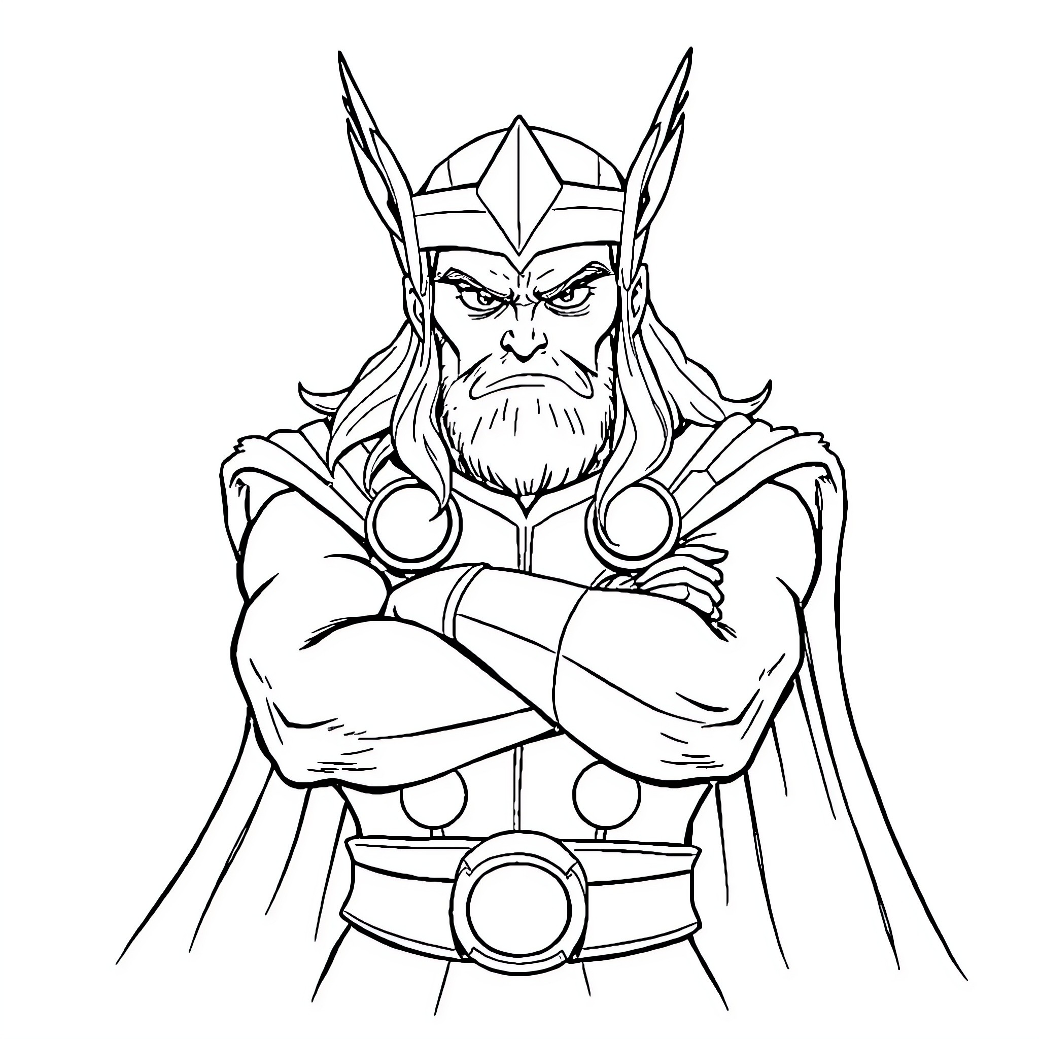 Thor the Mighty Warrior in Fierce Stance Coloring Page (free black-and-white line drawing printable PDF for all, from beginners to advanced learners, including children, teens, adults, and seniors)