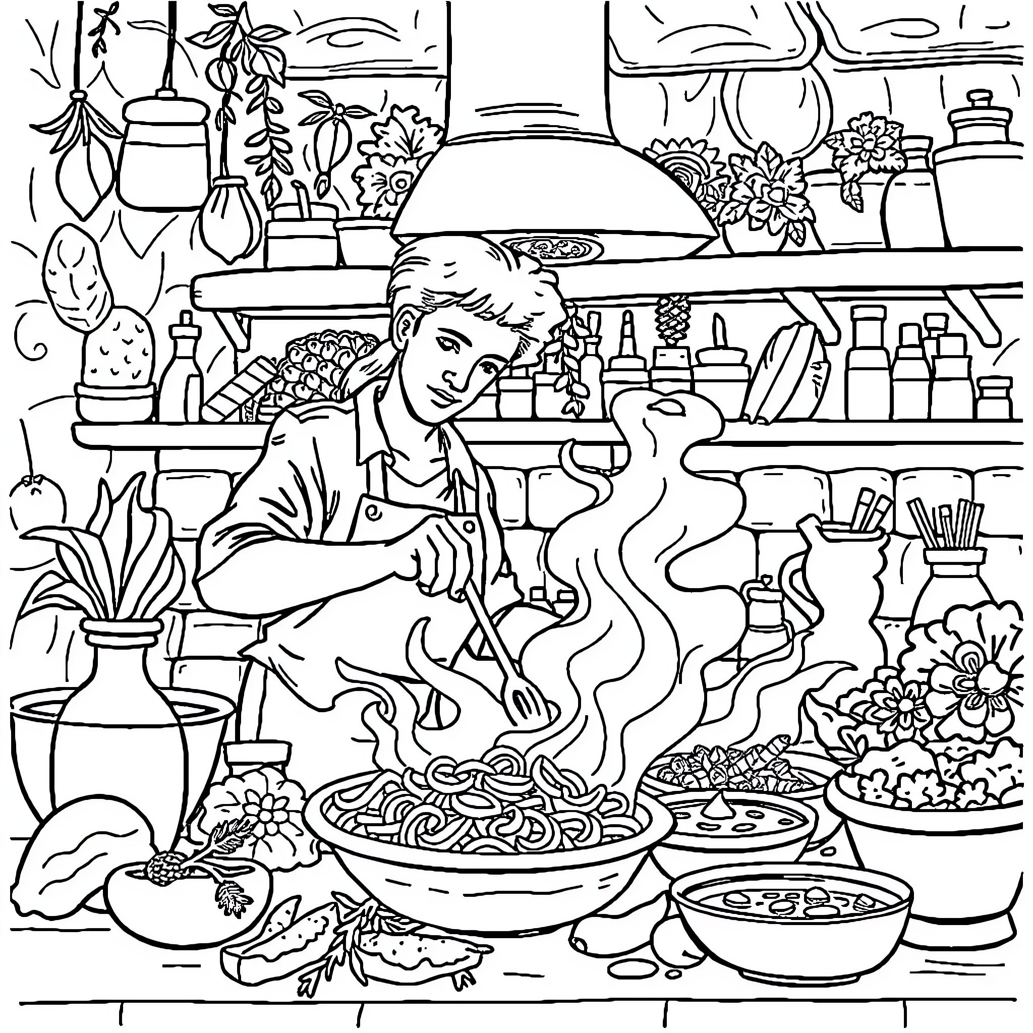 Cooking in the Kitchen with Utensils and Ingredients Coloring Page (free black-and-white line drawing printable PDF for all, from beginners to advanced learners, including children, teens, adults, and seniors)