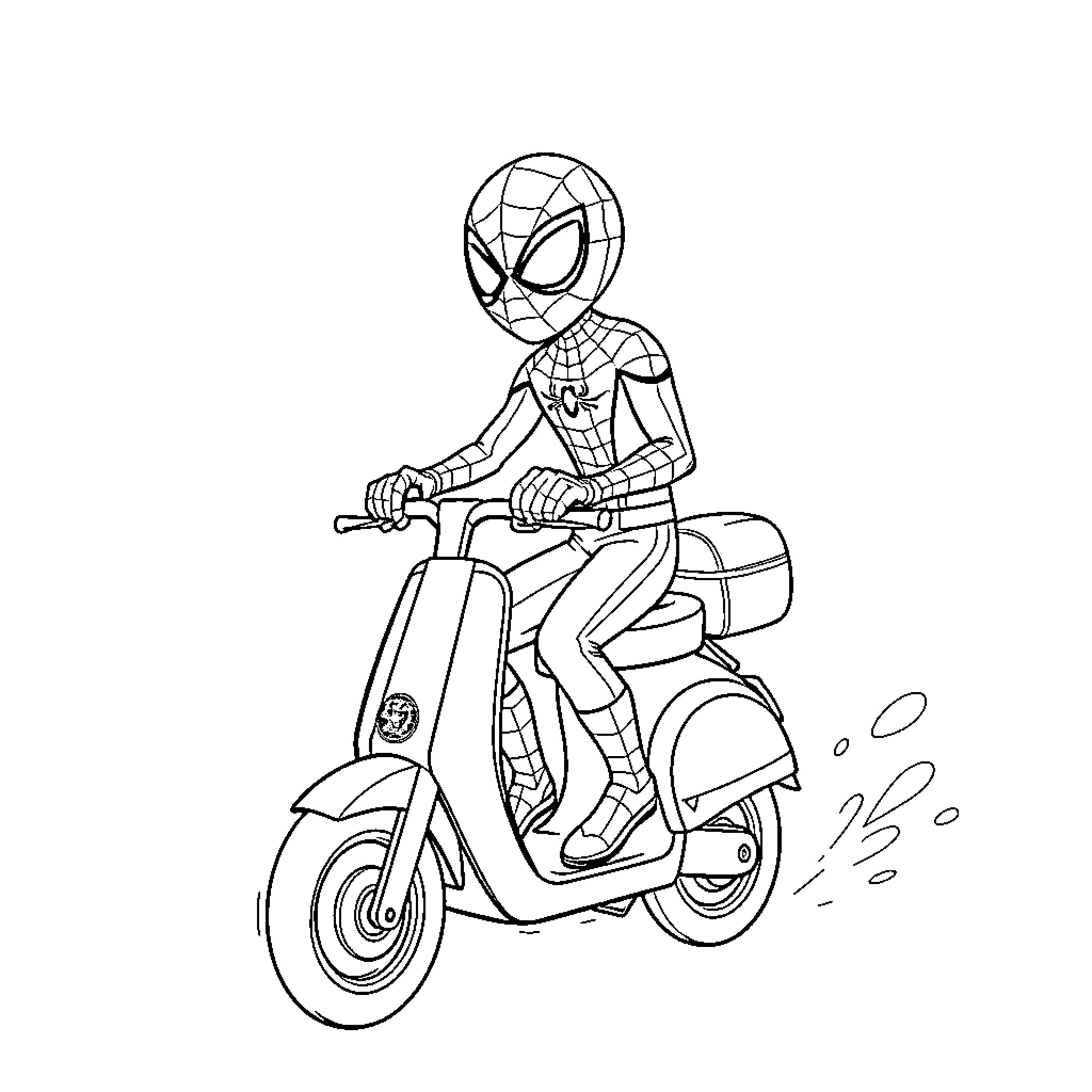 Spiderman riding scooter in the city Coloring Page (free black-and-white line drawing printable PDF for all, from beginners to advanced learners, including children, teens, adults, and seniors)
