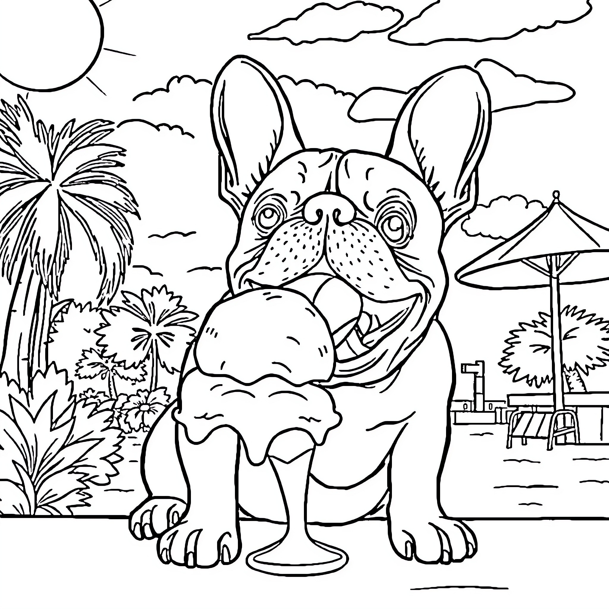 French Bulldog enjoying an ice cream on the beach Coloring Page (free black-and-white line drawing printable PDF for all, from beginners to advanced learners, including children, teens, adults, and seniors)