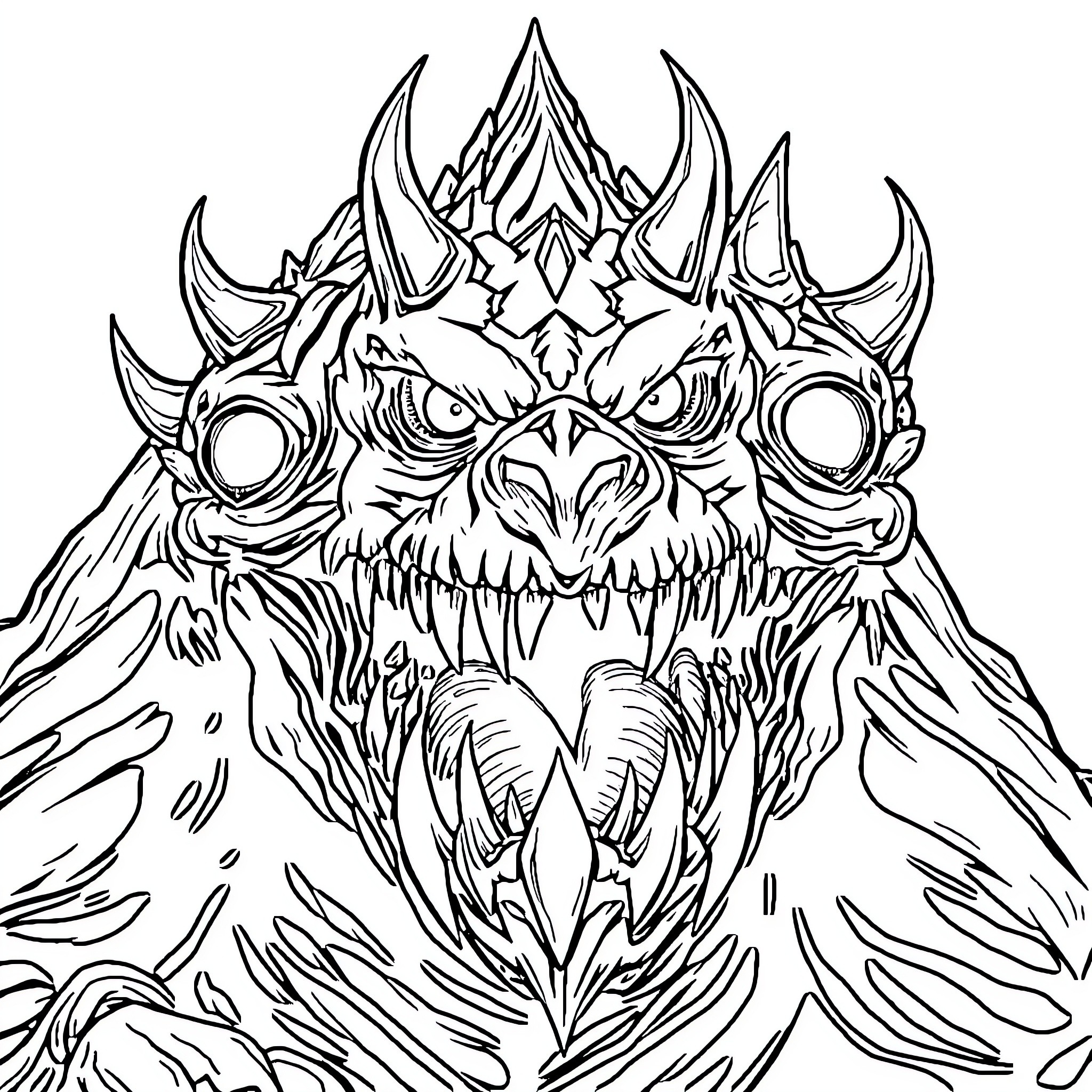 Monster with Fierce Facial Features and Menacing Claws Coloring Page (free black-and-white line drawing printable PDF for all, from beginners to advanced learners, including children, teens, adults, and seniors)