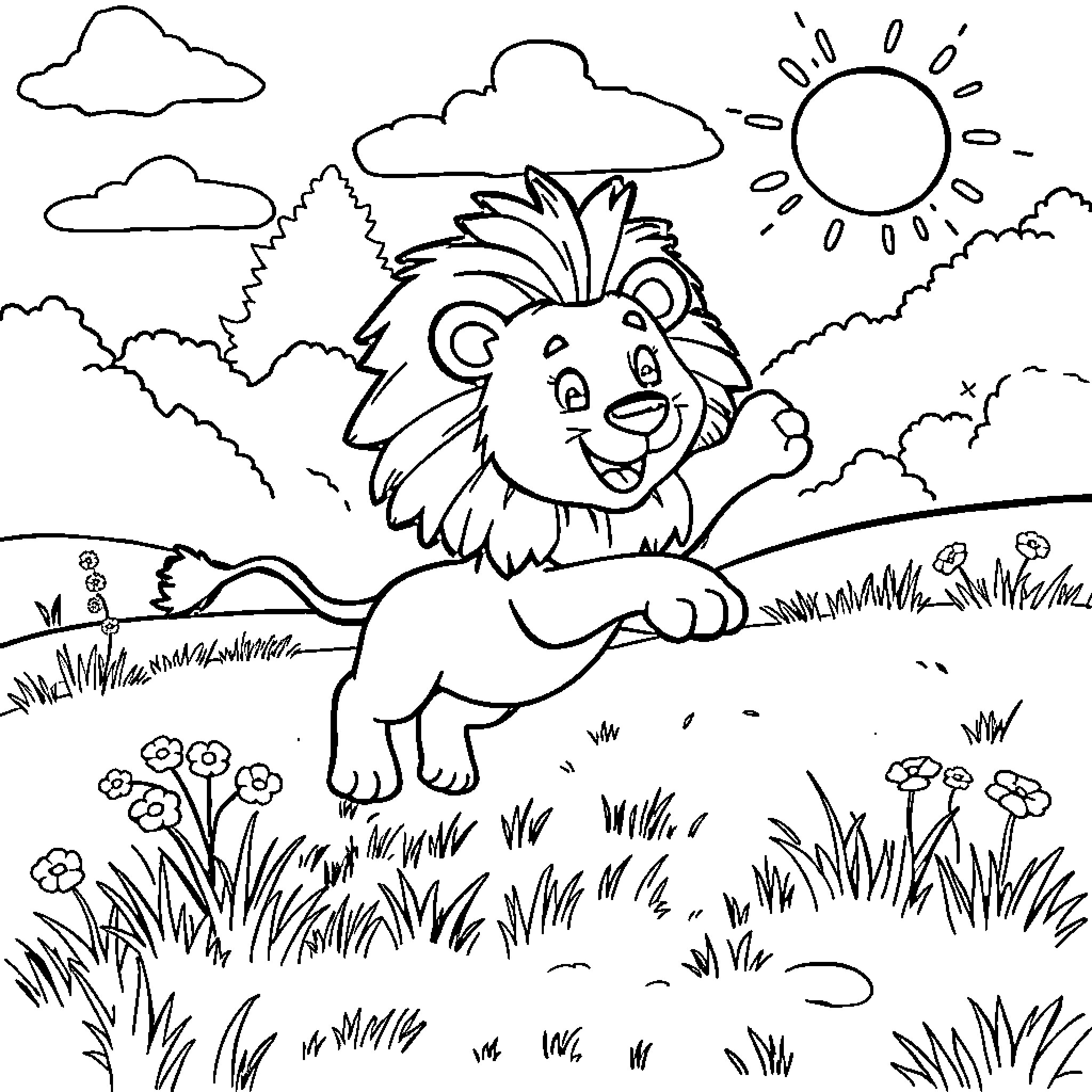 Lion enjoying the outdoors in a natural setting Coloring Page (free black-and-white line drawing printable PDF for all, from beginners to advanced learners, including children, teens, adults, and seniors)