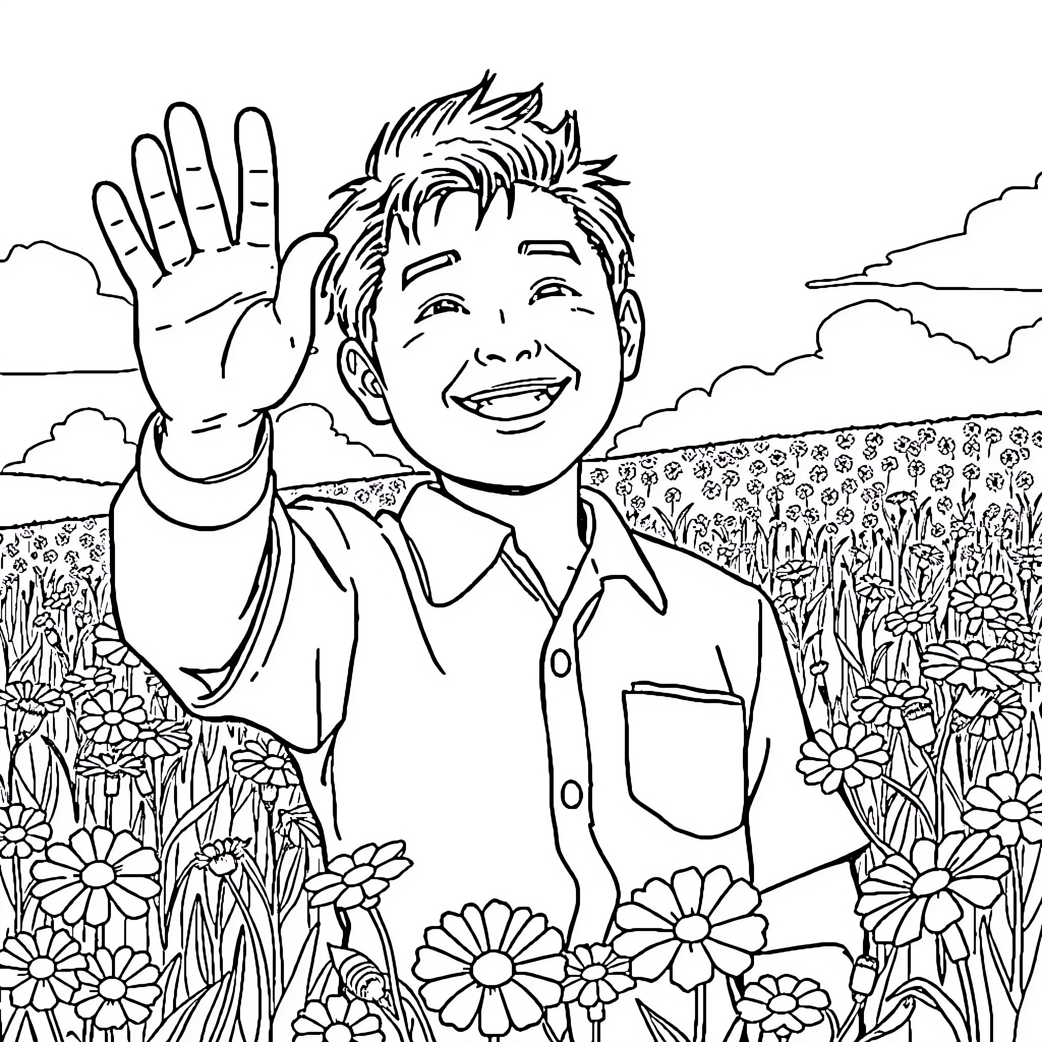 Satoru Gojo's cheerful wave in a field of flowers Coloring Page (free black-and-white line drawing printable PDF for all, from beginners to advanced learners, including children, teens, adults, and seniors)