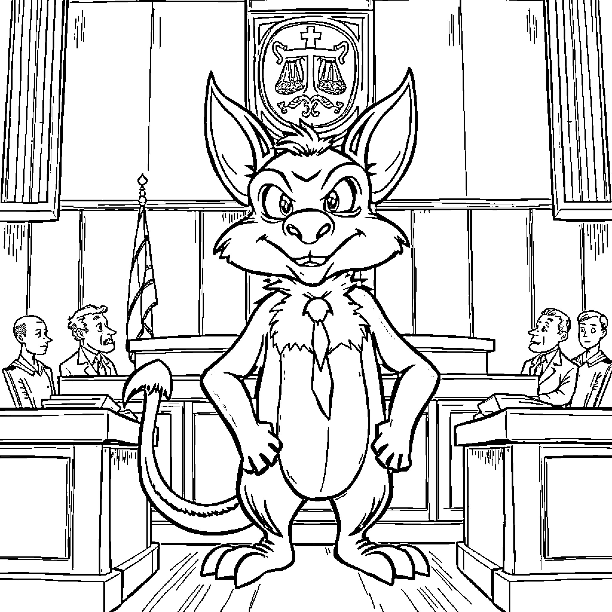 Tasmanian Devil in Court Proceedings Coloring Page (free black-and-white line drawing printable PDF for all, from beginners to advanced learners, including children, teens, adults, and seniors)