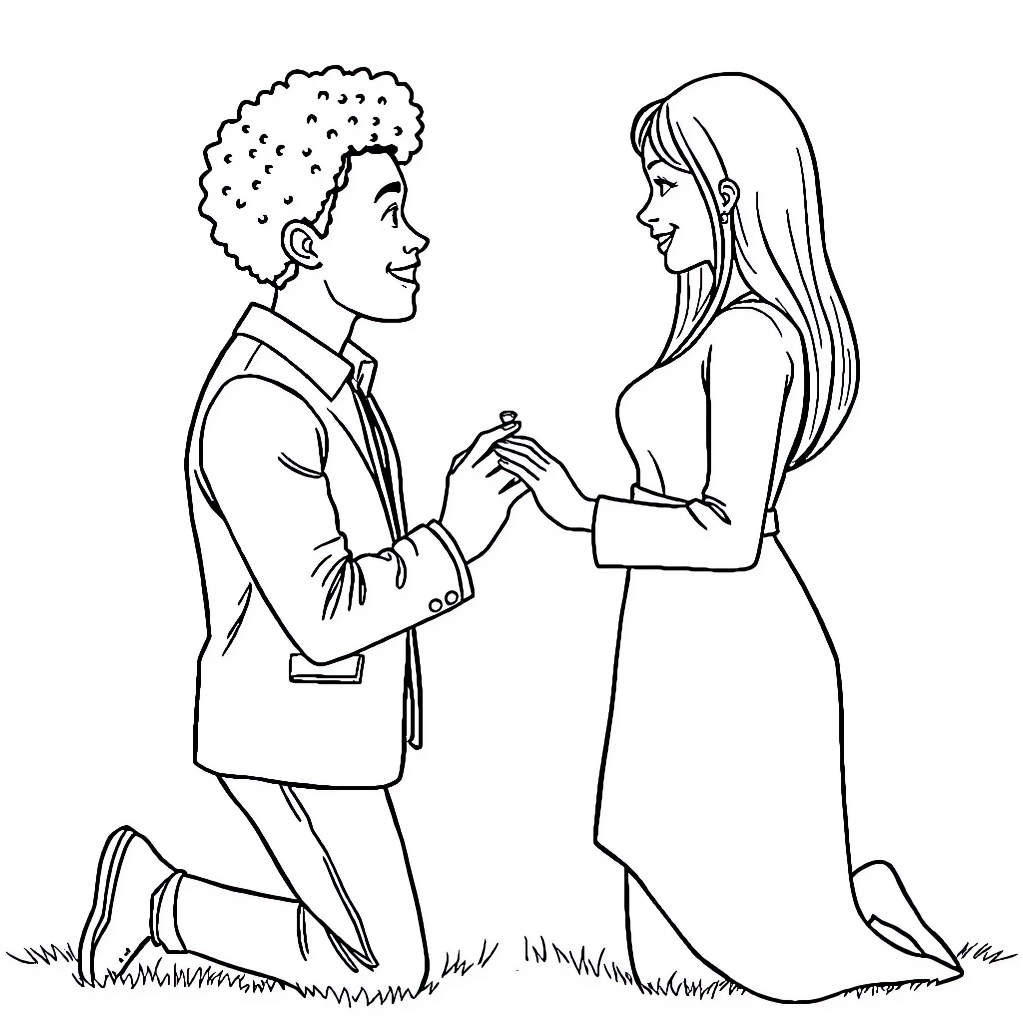 Man proposing marriage to woman Coloring Page (free black-and-white line drawing printable PDF for all, from beginners to advanced learners, including children, teens, adults, and seniors)