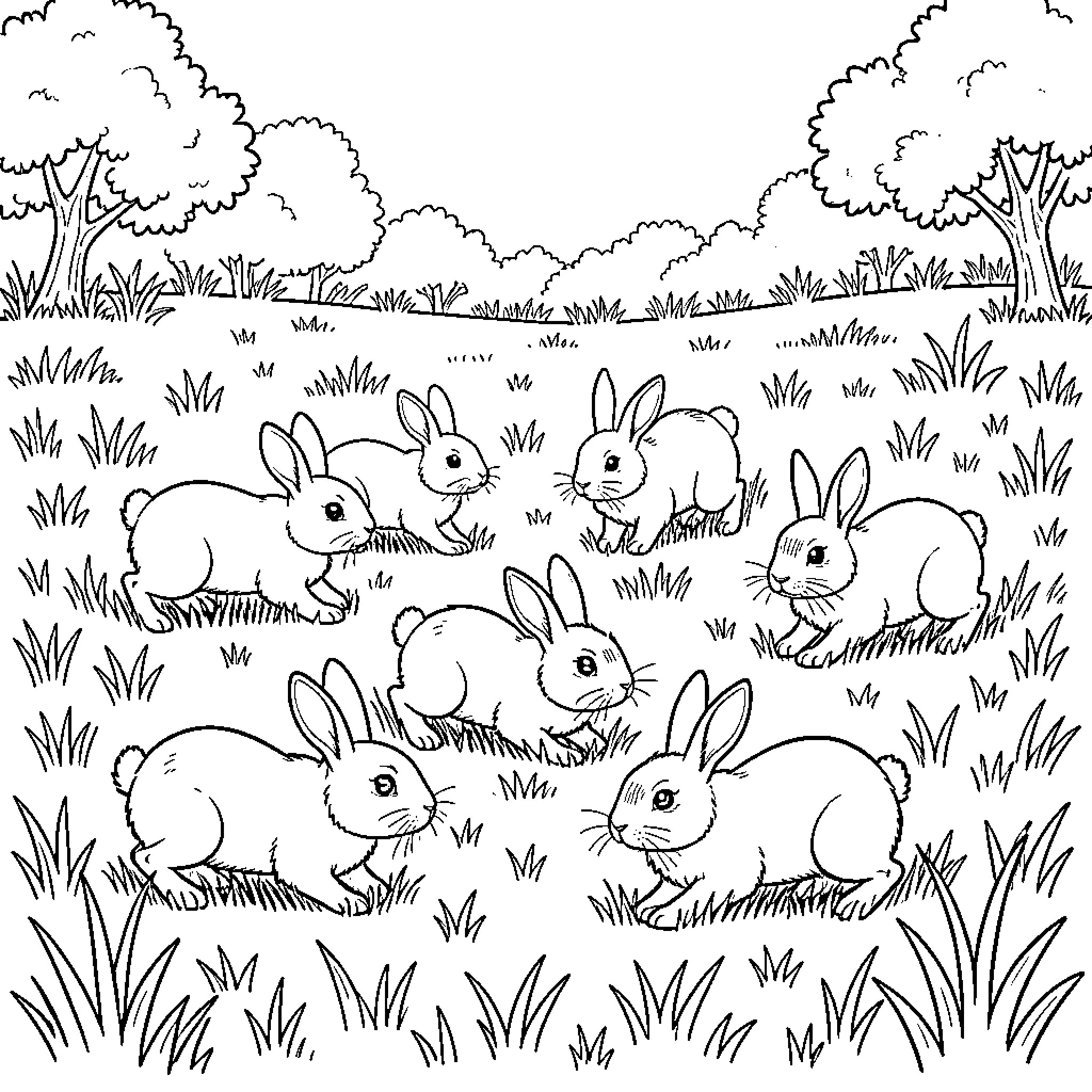 Rabbit family hopping together in a grassy field Coloring Page (free black-and-white line drawing printable PDF for all, from beginners to advanced learners, including children, teens, adults, and seniors)