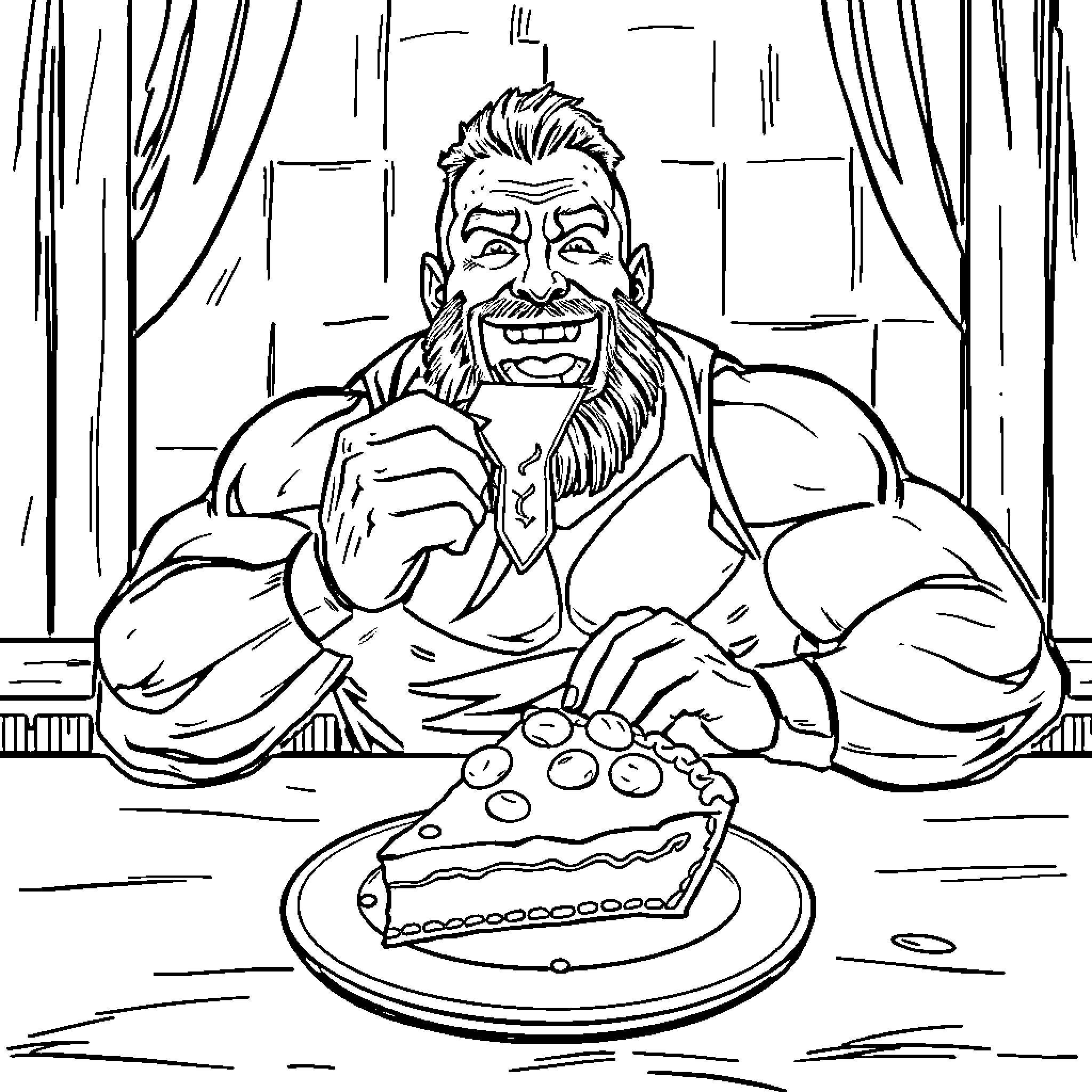 Wrestler Enjoying a Hearty Meal Coloring Page (free black-and-white line drawing printable PDF for all, from beginners to advanced learners, including children, teens, adults, and seniors)