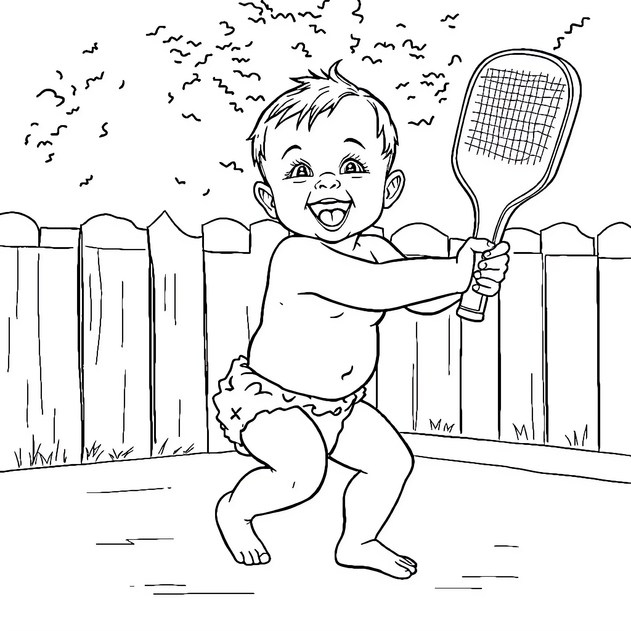 Baby playing happily with tennis racket outdoors Coloring Page (free black-and-white line drawing printable PDF for all, from beginners to advanced learners, including children, teens, adults, and seniors)