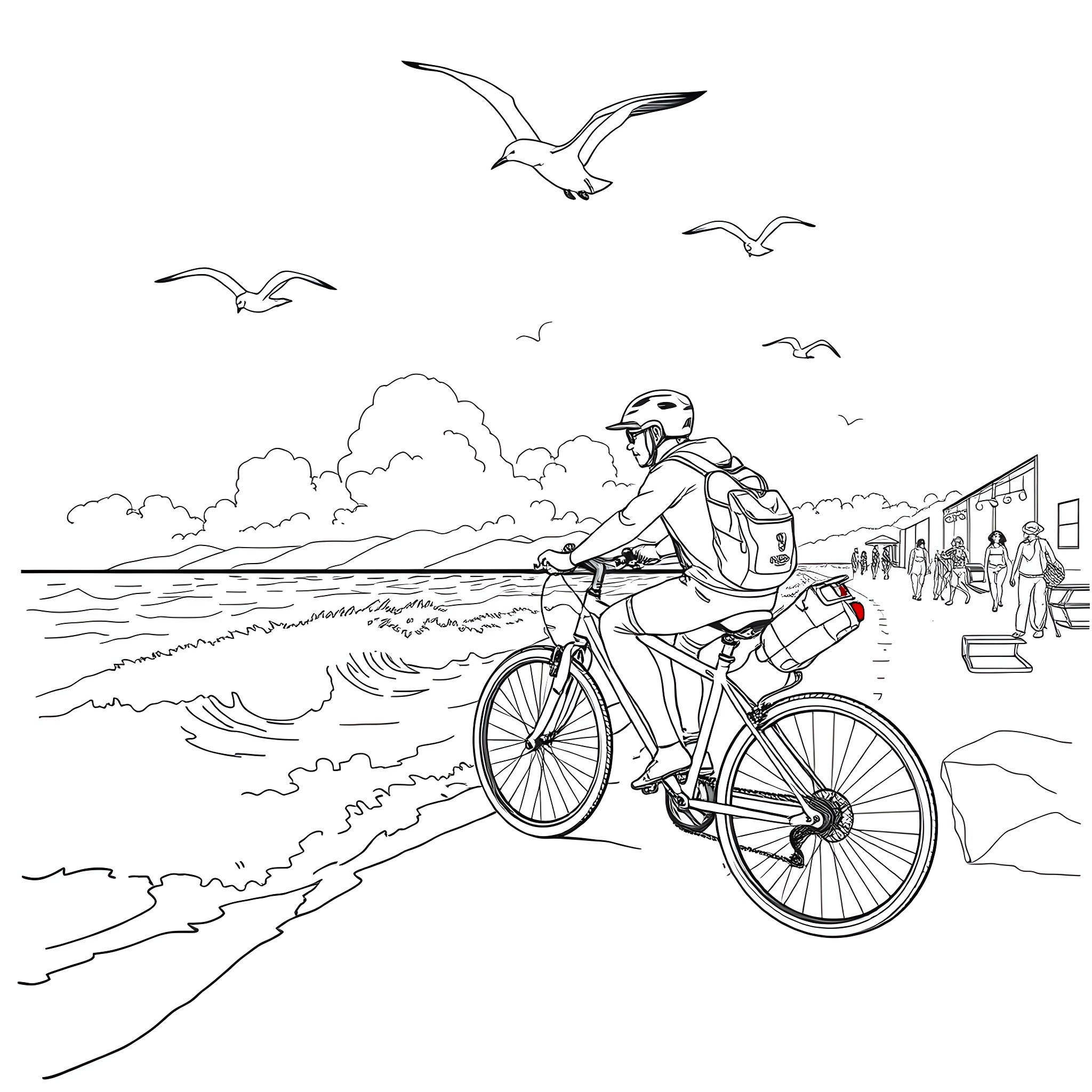 Bike rider on coastal road with seagulls Coloring Page (free black-and-white line drawing printable PDF for all, from beginners to advanced learners, including children, teens, adults, and seniors)