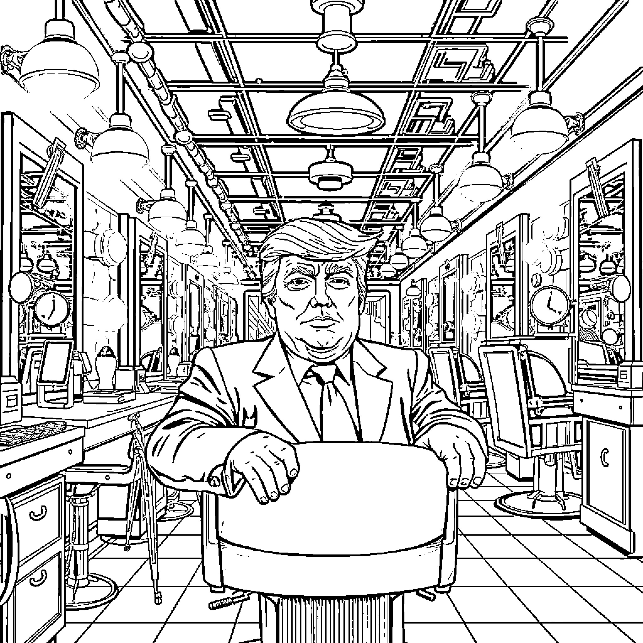 Donald Trump Seated in Unusual Workspace Coloring Page (free black-and-white line drawing printable PDF for all, from beginners to advanced learners, including children, teens, adults, and seniors)