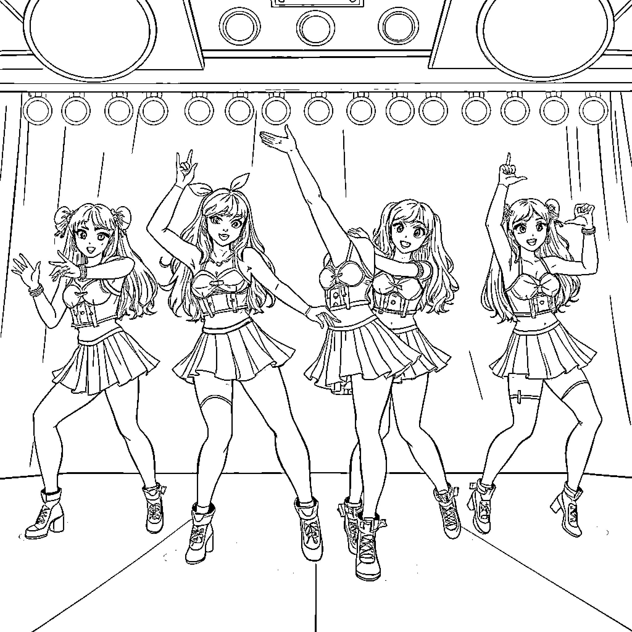 K Pop Girl Group Performing Dynamic Dance Routine Coloring Page (free black-and-white line drawing printable PDF for all, from beginners to advanced learners, including children, teens, adults, and seniors)