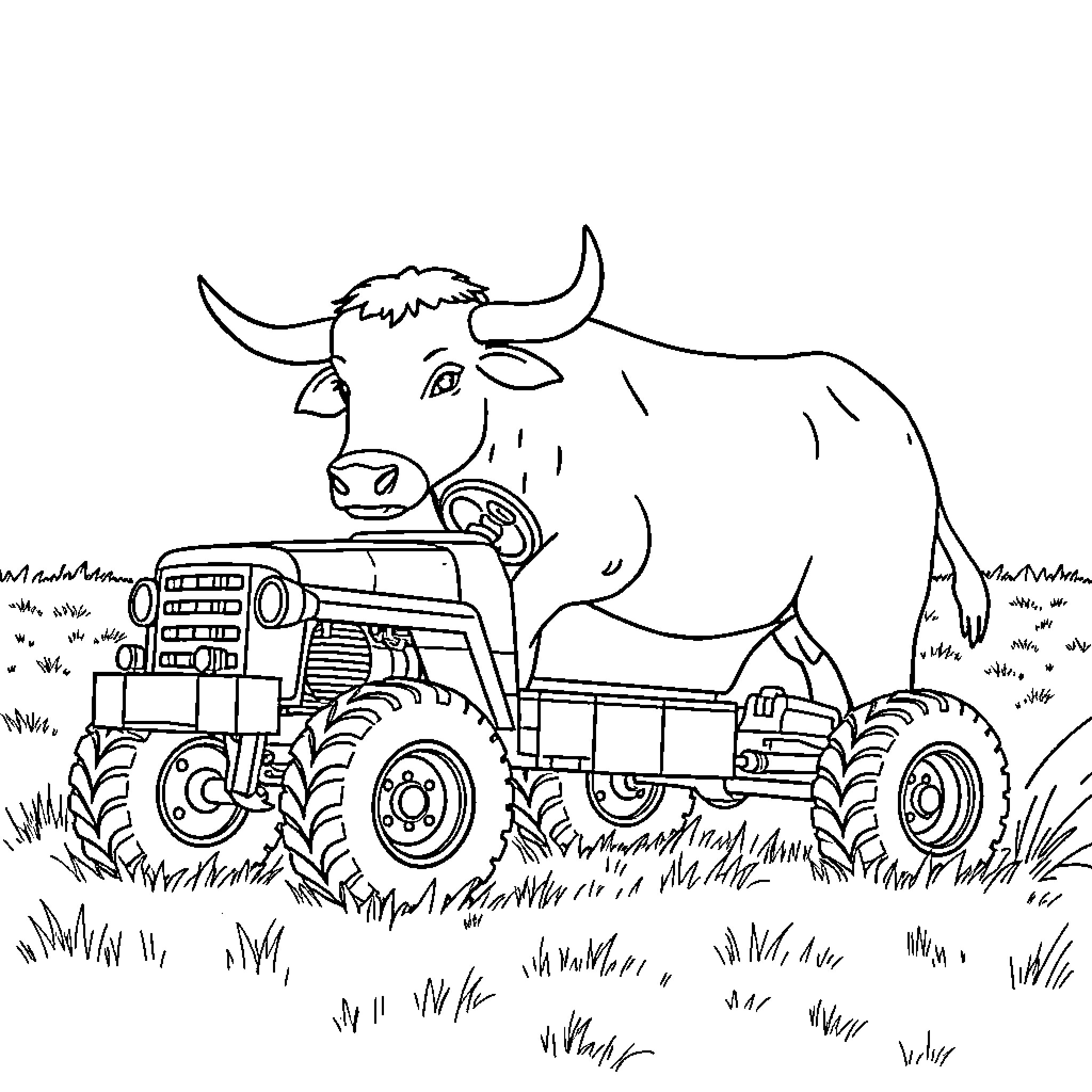 Bull pulling a farm tractor on the field Coloring Page (free black-and-white line drawing printable PDF for all, from beginners to advanced learners, including children, teens, adults, and seniors)