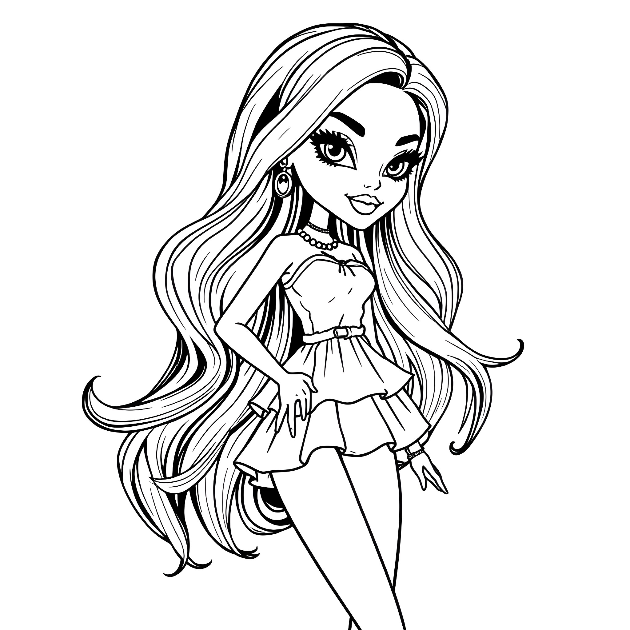 Bratz fashion doll with stylish outfit and long flowing hair Coloring Page (free black-and-white line drawing printable PDF for all, from beginners to advanced learners, including children, teens, adults, and seniors)
